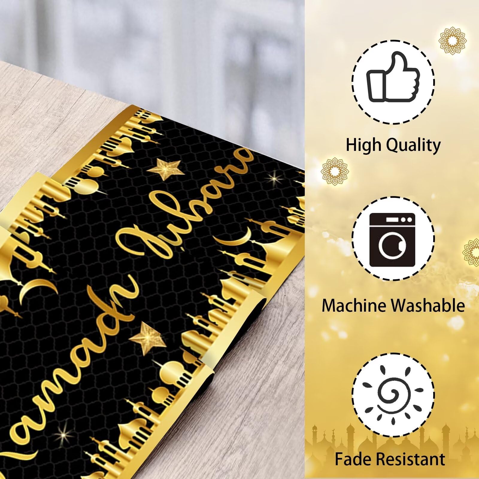 Tovaglia Runner Ramadan 13,8×70,87 Pollici – Nero E Oro, Decorazione Islamica Per La Tavola!