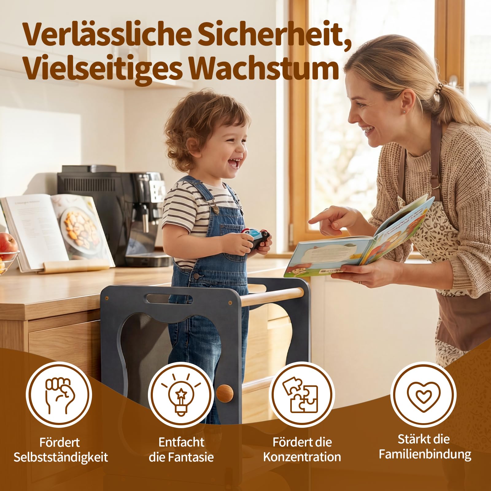 COSYLAND Lernturm Kinder 3in1 Küchenhelfer mit Tafel & Geländer Grau | Wandelbar zu Tisch & Stuhl. Stabiler Küchenhelfer für Alltag, Lernen und Spielen. Absolut sicher und langlebig.