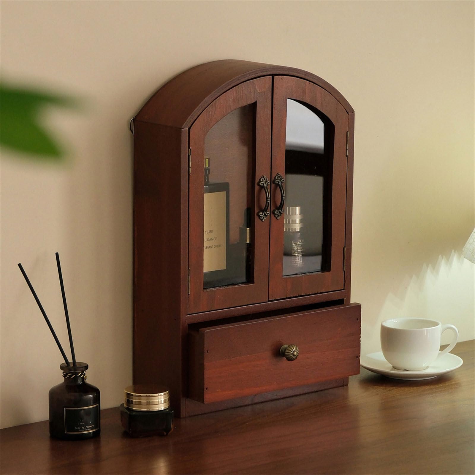 Organizador de almacenamiento de escritorio compacto de madera de cristal, para suministros de cosméticos, suministros de oficina, diseño eficiente para ahorrar espacio, organizador de