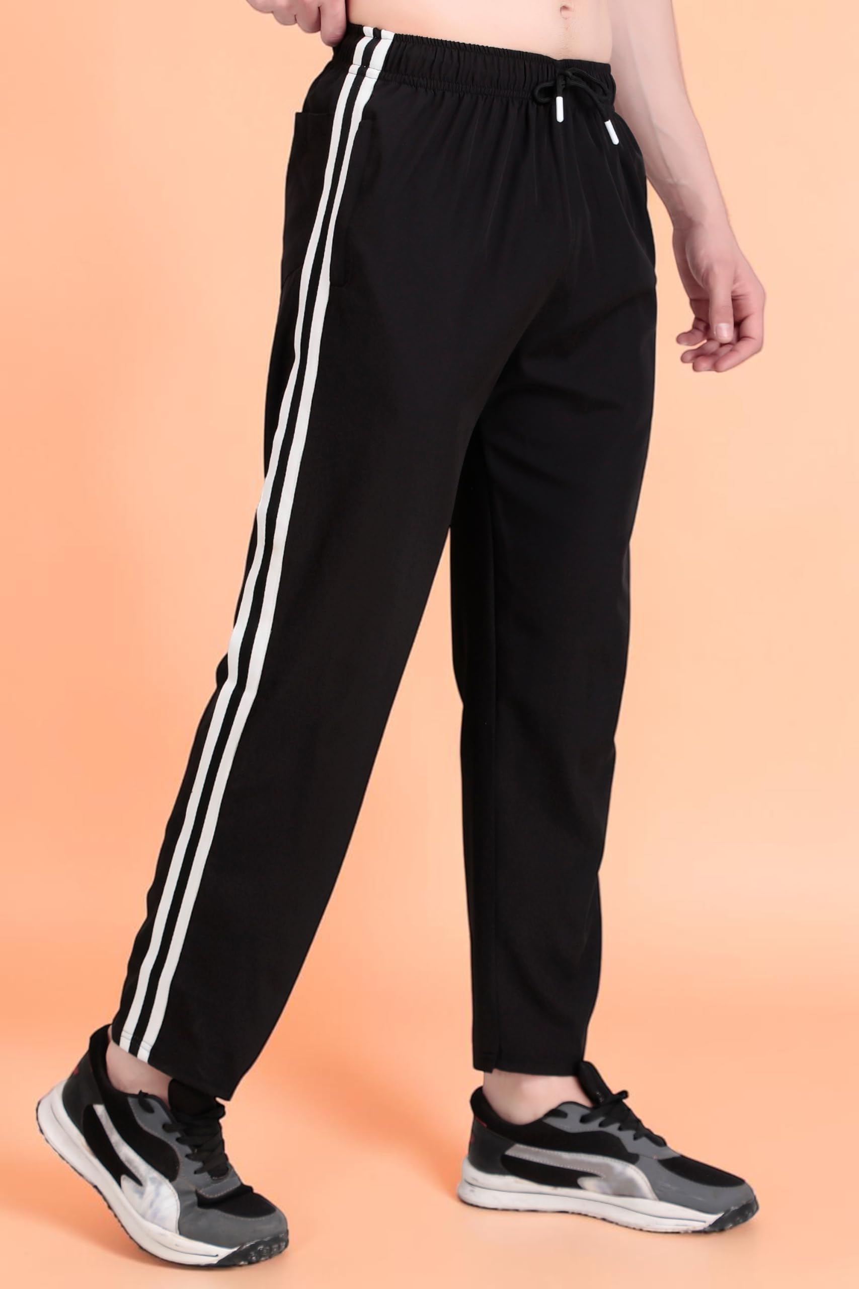 Athletic Track Pants with Side Stripes, Drawstring Waist, Black-picture-12