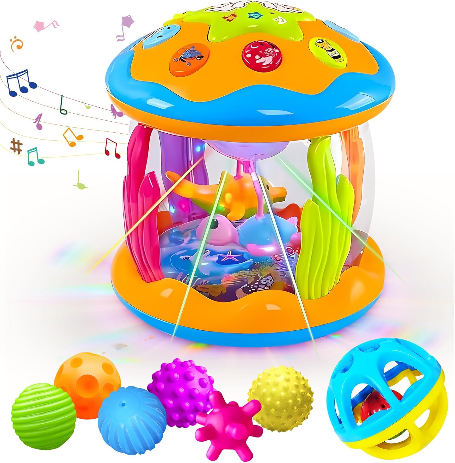 Sensory Balls for Baby & Musical Rotating Light Up Drum Toy - Montessori Sensory Toys for Babies 6-12 Months, Educational Toys for Toddlers 1-3, Perfect Baby Gifts for 6-18 Months Old