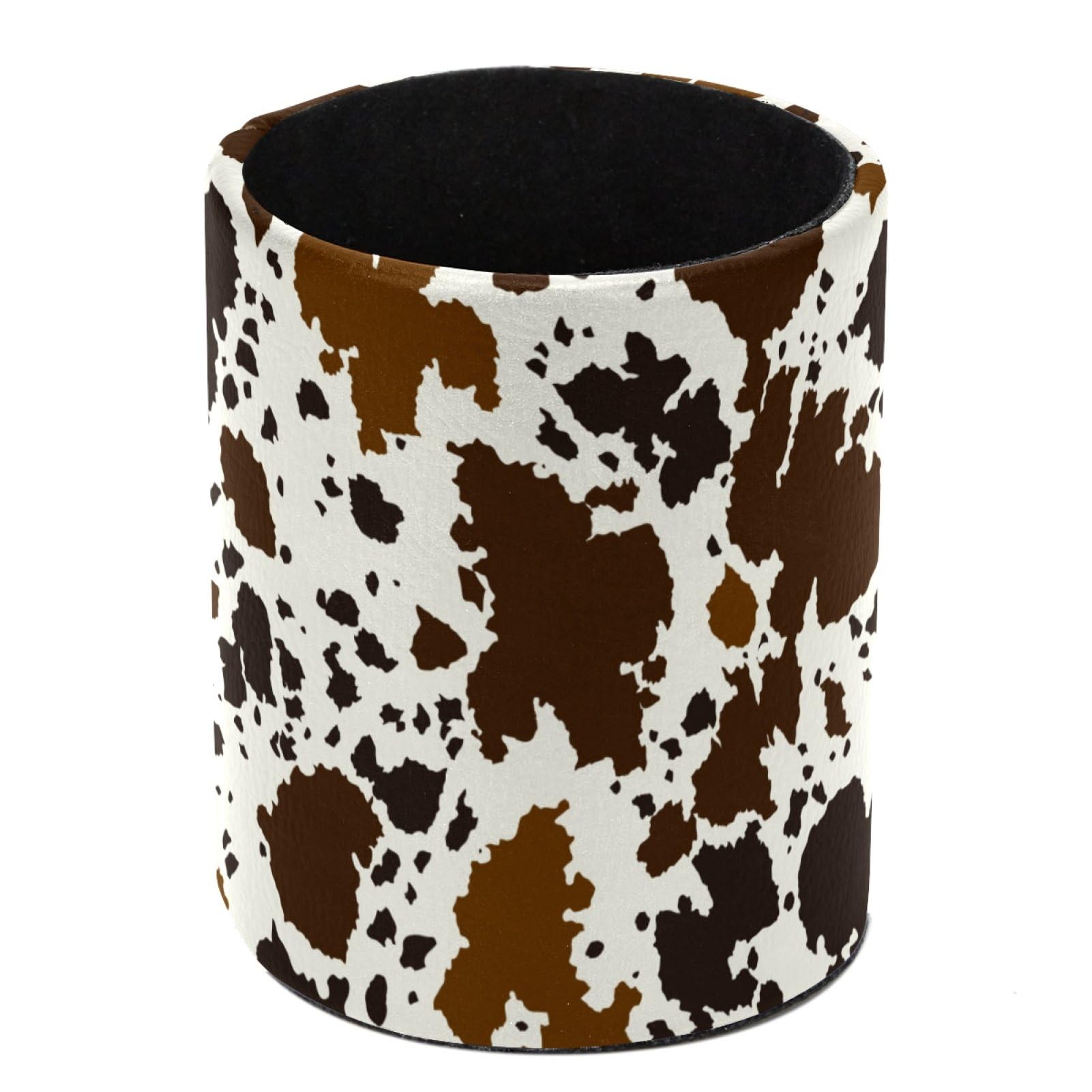 Luoweisi Brown Cow Printed Pen Holder for Desk, Leather Pen Pot, Desk Pencil Holder Round Makeup Organiser Home Office School Suppliers โ image 1