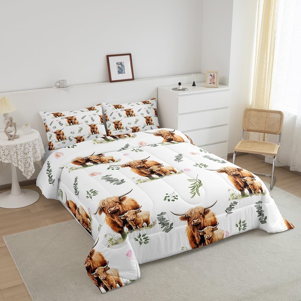 Feelyou HighlCow Comforter Set Full Size for Girls Boys Kids Cute Farm Animal Down Comforter Cattle Bull Bedding Set Farmhouse Western Decor Pink Flowers Green Botanical Leaves Quilt Boys