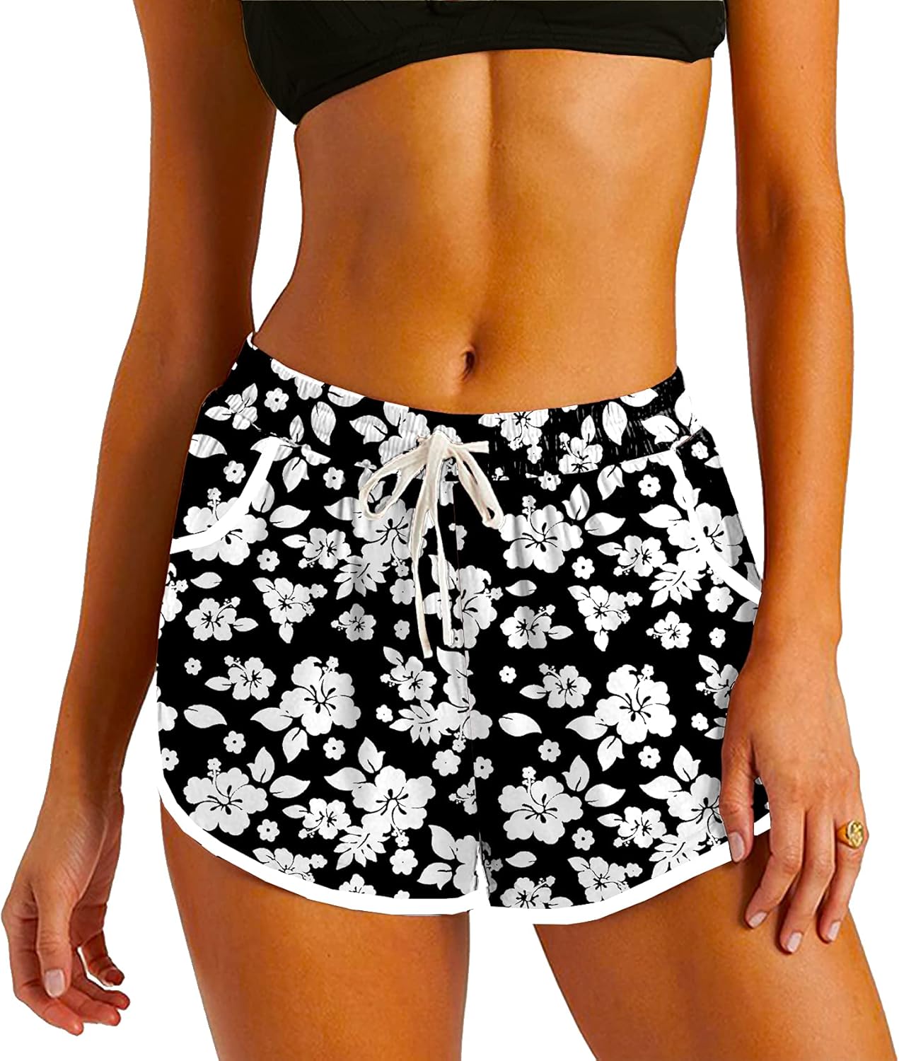 Floral Summer Shorts Black Drawstring Tropical Hawaiian Board Shorts
