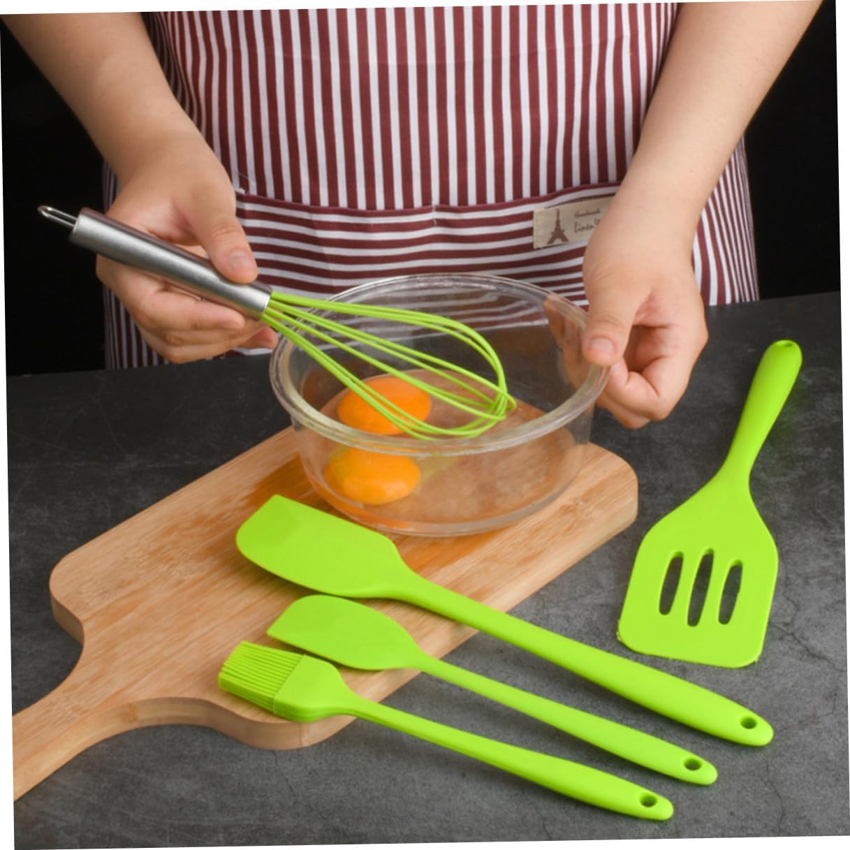 TOYANDONA 5pcs Silicone Baking Utensil Set Non-stick Kitchen Cooking Tools Heat Resistant Green Household Kitchenware with Stainless Steel Handles for Mixing and Scraping