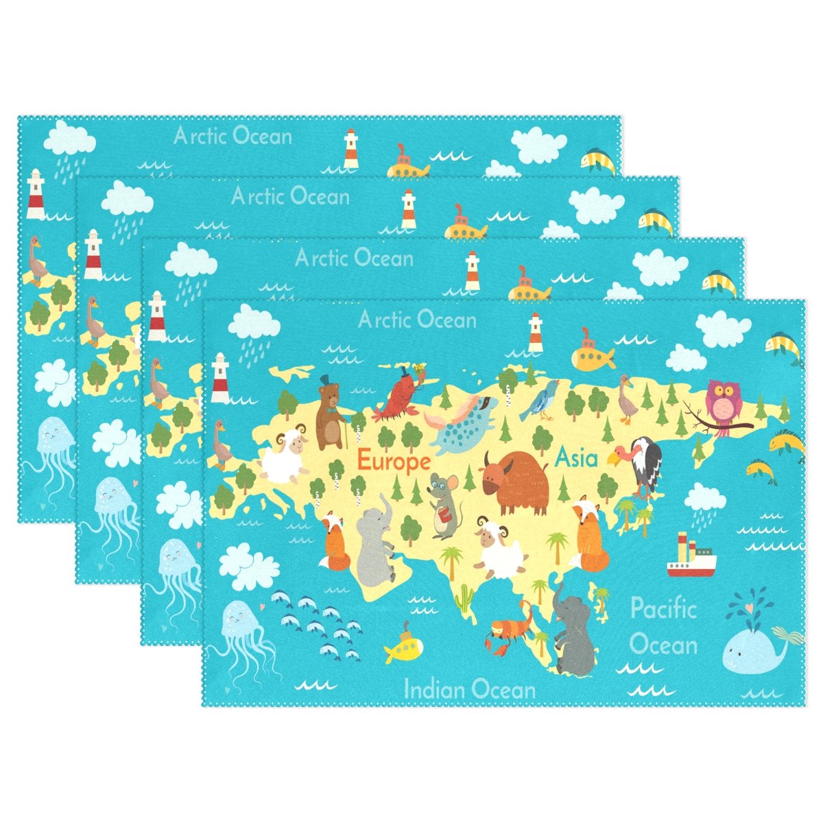 Use7 Animals World Map Placemat Table Mat, Cartoon Map 12" x 18" Polyester Table Place Mat for Kitchen Dining Room Set of 4