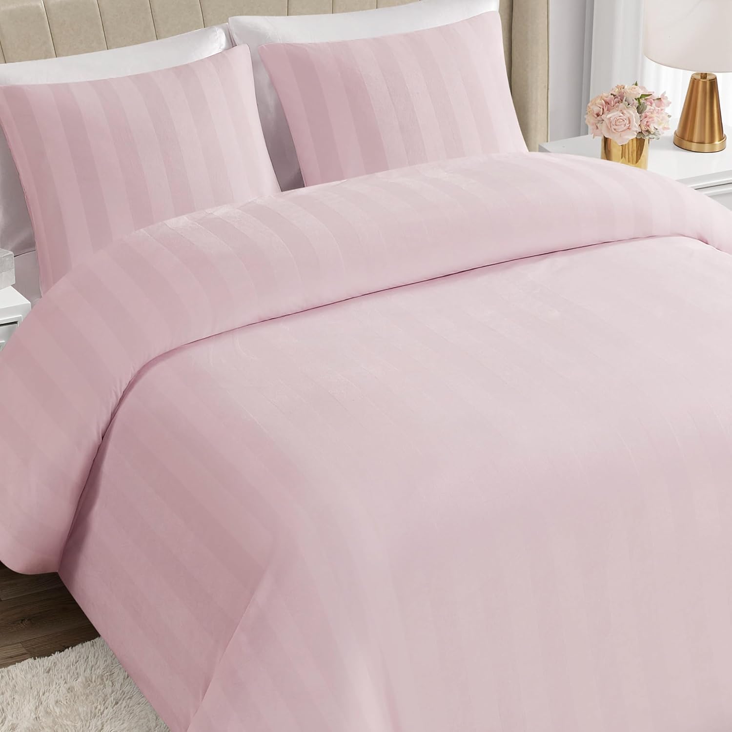 Juicy Couture Jenny Velour Striped Jacquard Queen/Full Size Comforter Bedding Set Ensemble - Pink 3 Piece Set