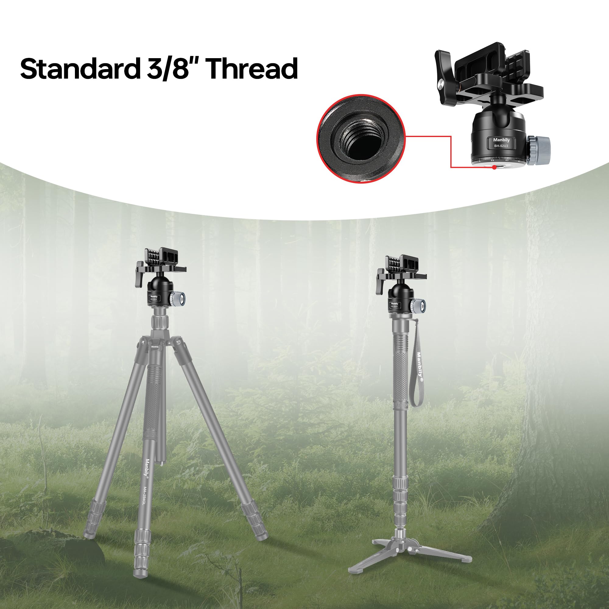 Manbily BH-52U3 Kugelkopf mit Klemme für Stative, Tripods, Monopoden, Niedriges Profil Dreibeinkopf mit 52mm Durchmesser, Sattel Montage 360° drehbar zum Schießen, Maximale Ladung 25kg