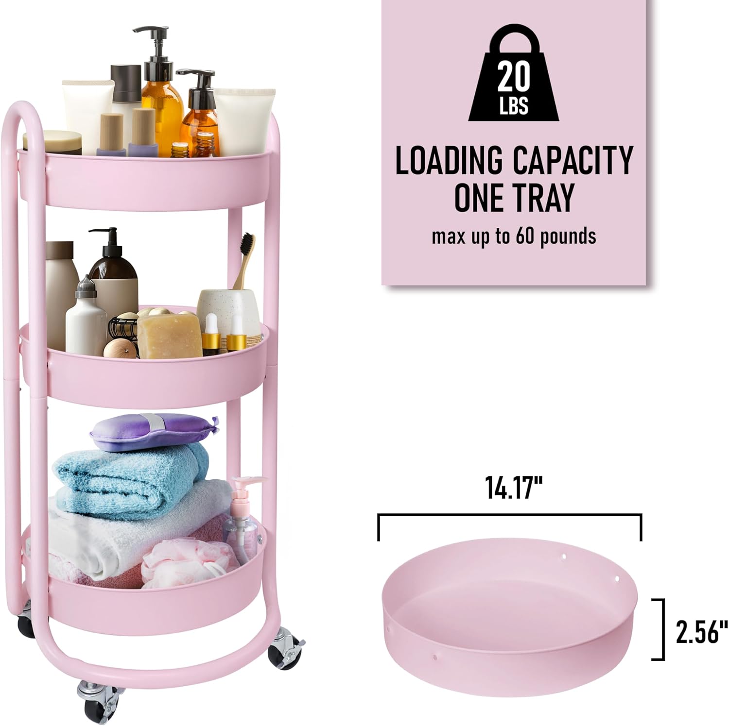 HOMESTEAD Round Rolling Cart, 3 Tier Metal Utility Cart with Lockable Wheels – 60 lb Heavy Duty, Powder Coated Steel Frame, 15" Diameter – Storage Organizer for Living Room, Kitchen, Bedroom (Pink)