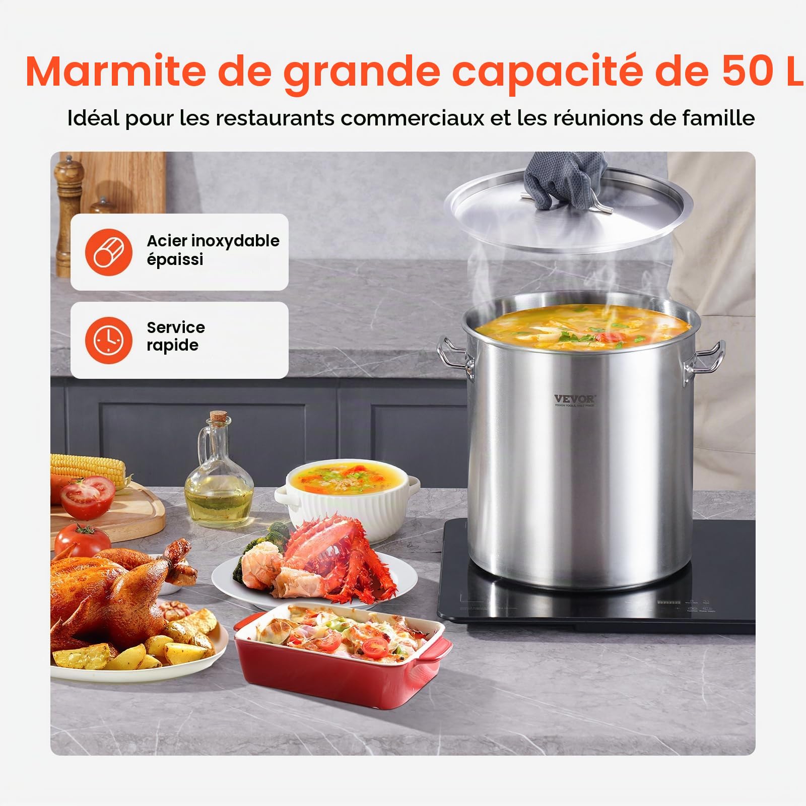 VEVOR Marmite en Acier Inoxydable 50,1 L avec Couvercle et Poignée, Faitout Robuste de Qualité Commerciale, Pot de Cuisson avec Traitement de Ponçage, Marmite Traiteur pour Grands Événements, Argent