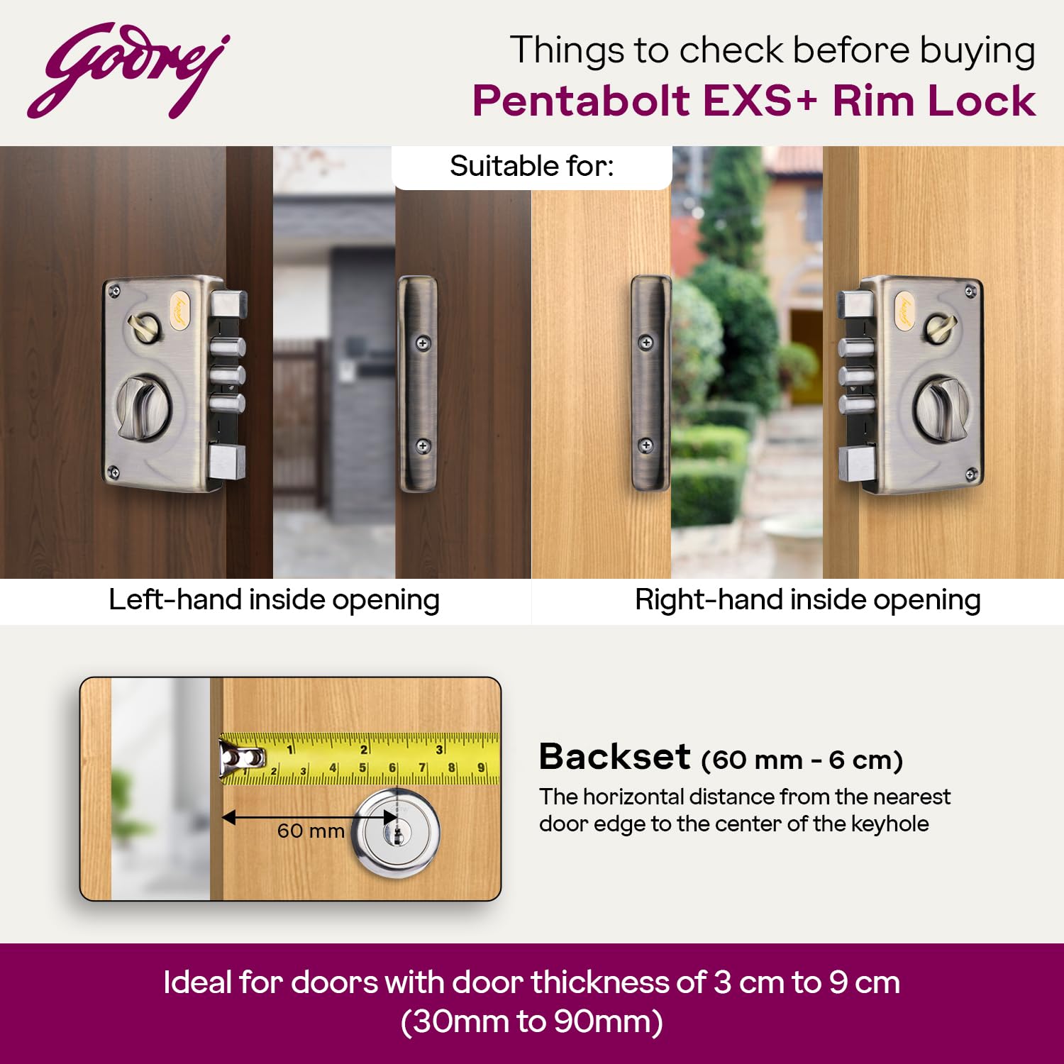 Godrej EXS+ Technology Pentabolt 1 CK Deadbolt Rim Lock For Main Door, Suitable For Out Side Opening Wooden Door Rim Lock With 4 Keys (Silver, Pack of 1 — Amazon image 5