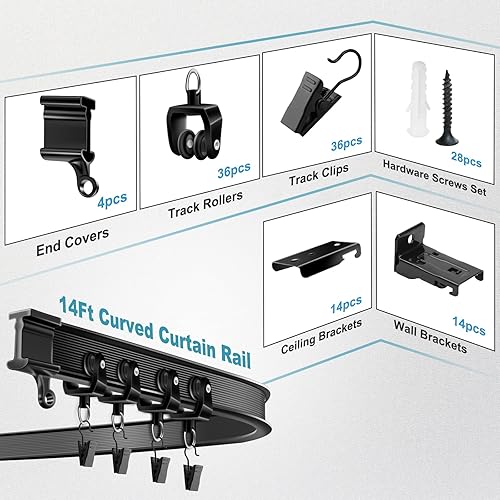 Miniatura 7 de KOLAKO Riel de cortina de techo, riel de cortina flexible para montaje en pared de techo de 14 pies, riel de cortina deslizante flexible negro,