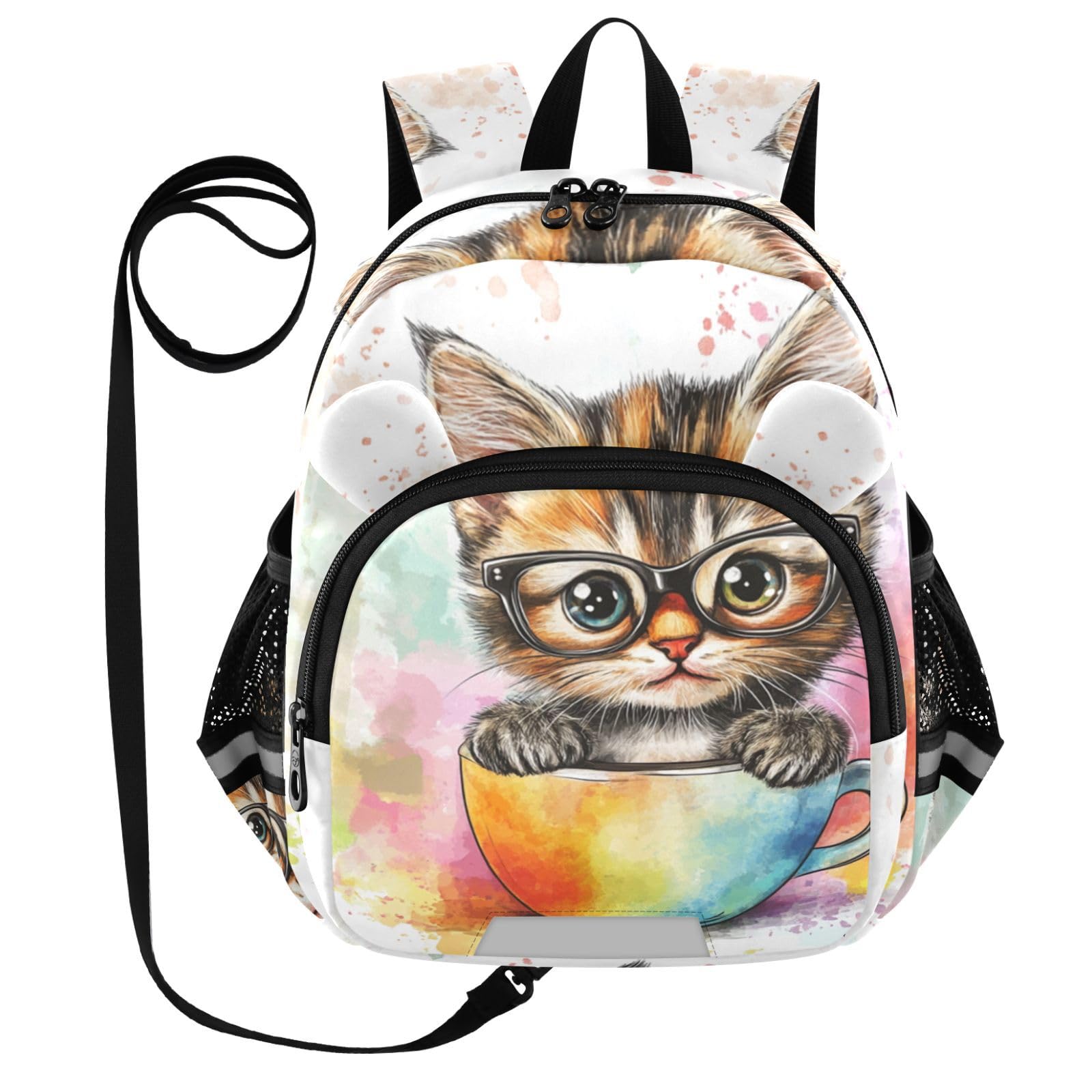 Kitten in Cup Colorful Toddler Harness Backpack for Boys Girls 3-6 Years Kids Backpack with Anti Lost Safety Leash Baby Protection Backpack for Walking Preschool Travel