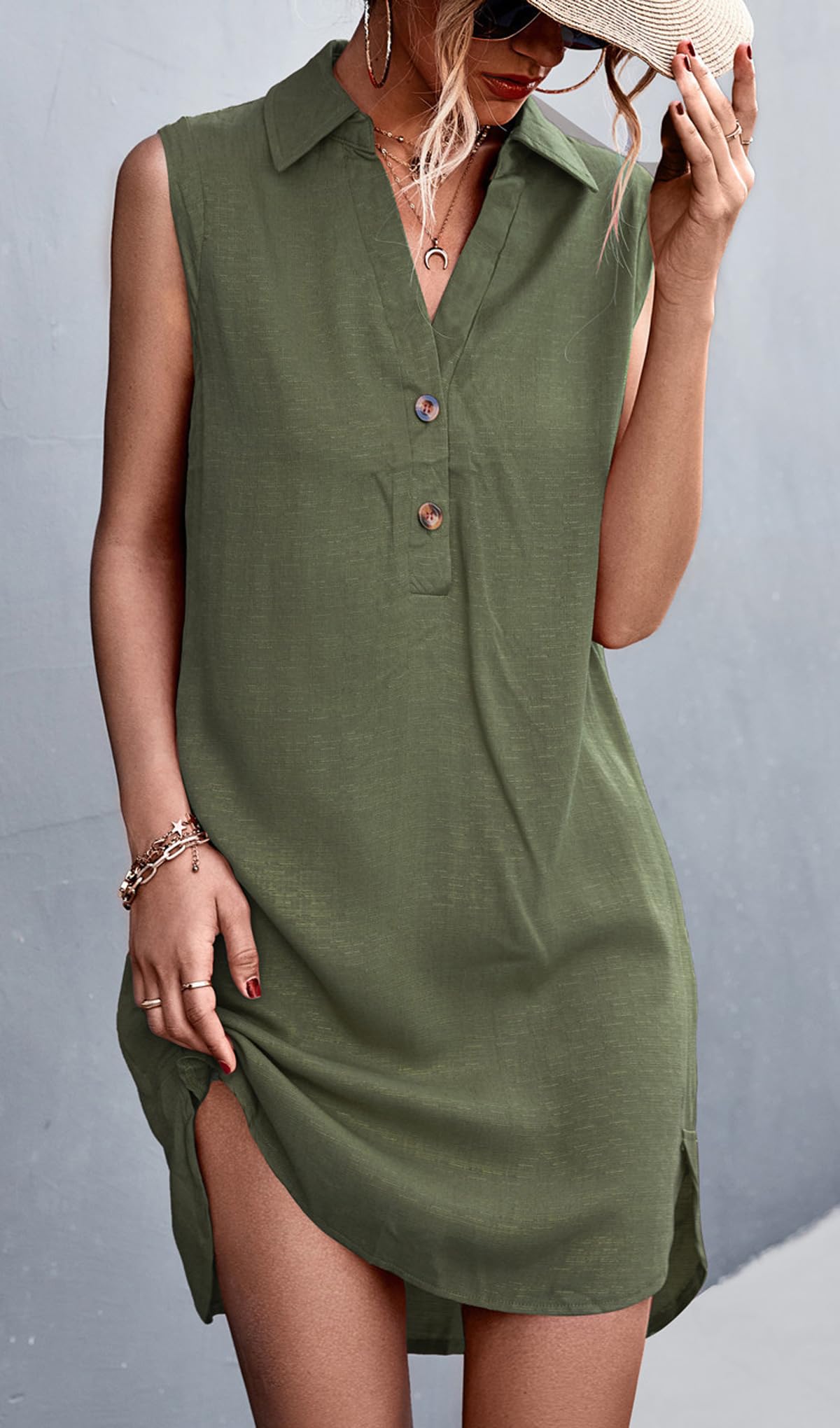 YUTILA Robe de plage d'été sans manches pour femme - En viscose et lin - Robe ample et aérée - Robe tunique pour les loisirs, les vacances et la plage