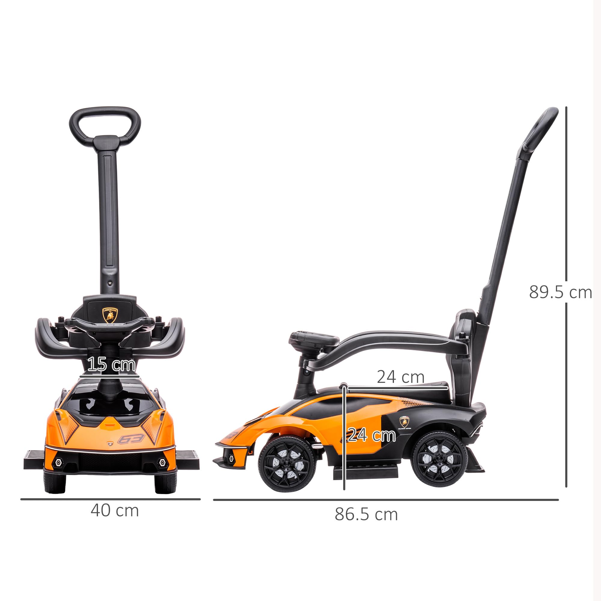 AIYAPLAY Lamborghini Macchinina per Bambini 2 in 1 con Maniglione e Barriera di Sicurezza, Volante e Clacson, Auto per Bambini in PP e Metallo, 86.5x40x89.5 cm, Arancione e Nero
