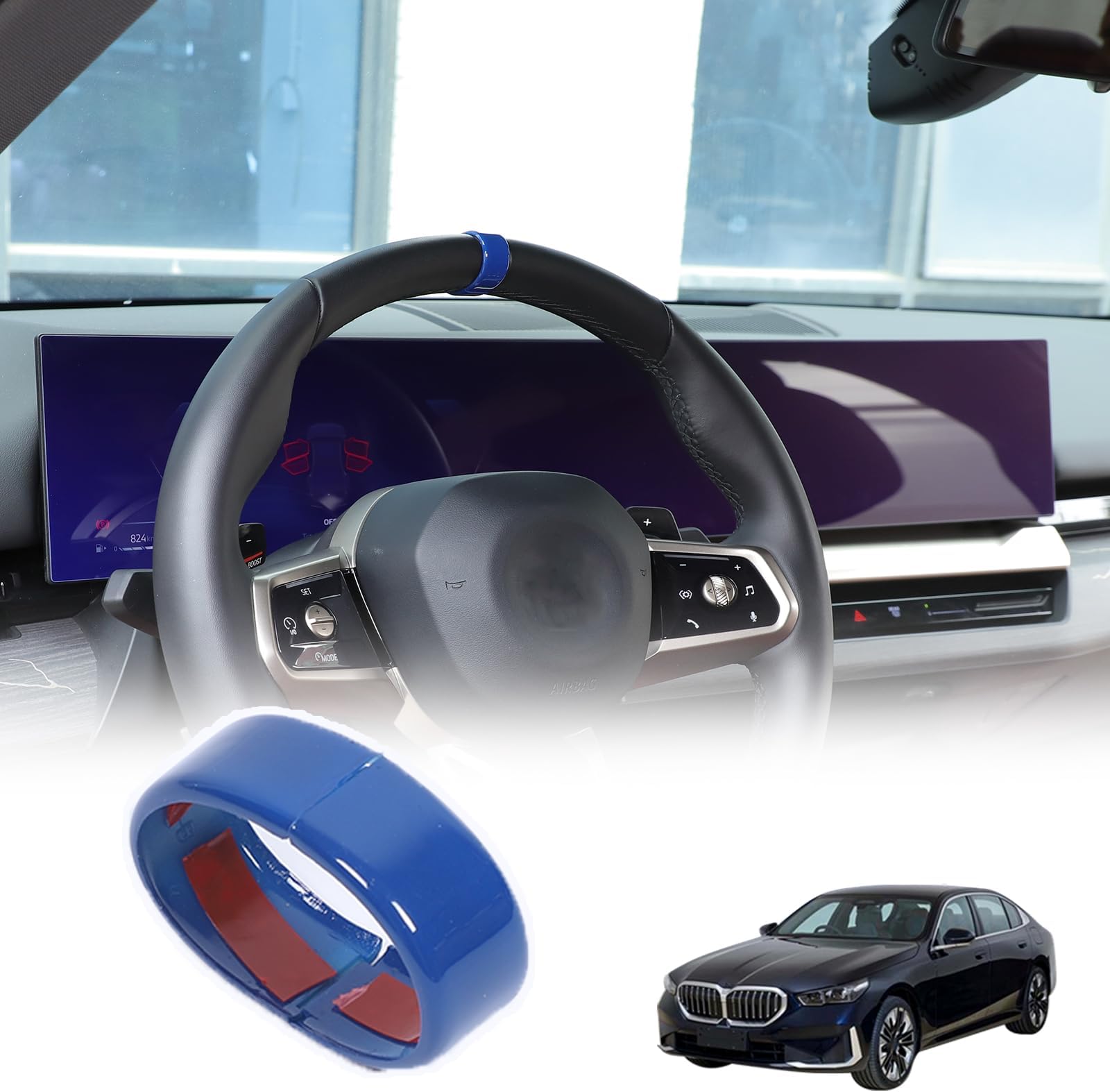 Steering Wheel Circle Ring Cover Compatible with BMW 5 Series G60 2024 2025 / BMW X3 G45 2024 2025,ABS Steering Wheel Top Reset Ring Cover Sticker Interior Accessories 2PCS (Blue)