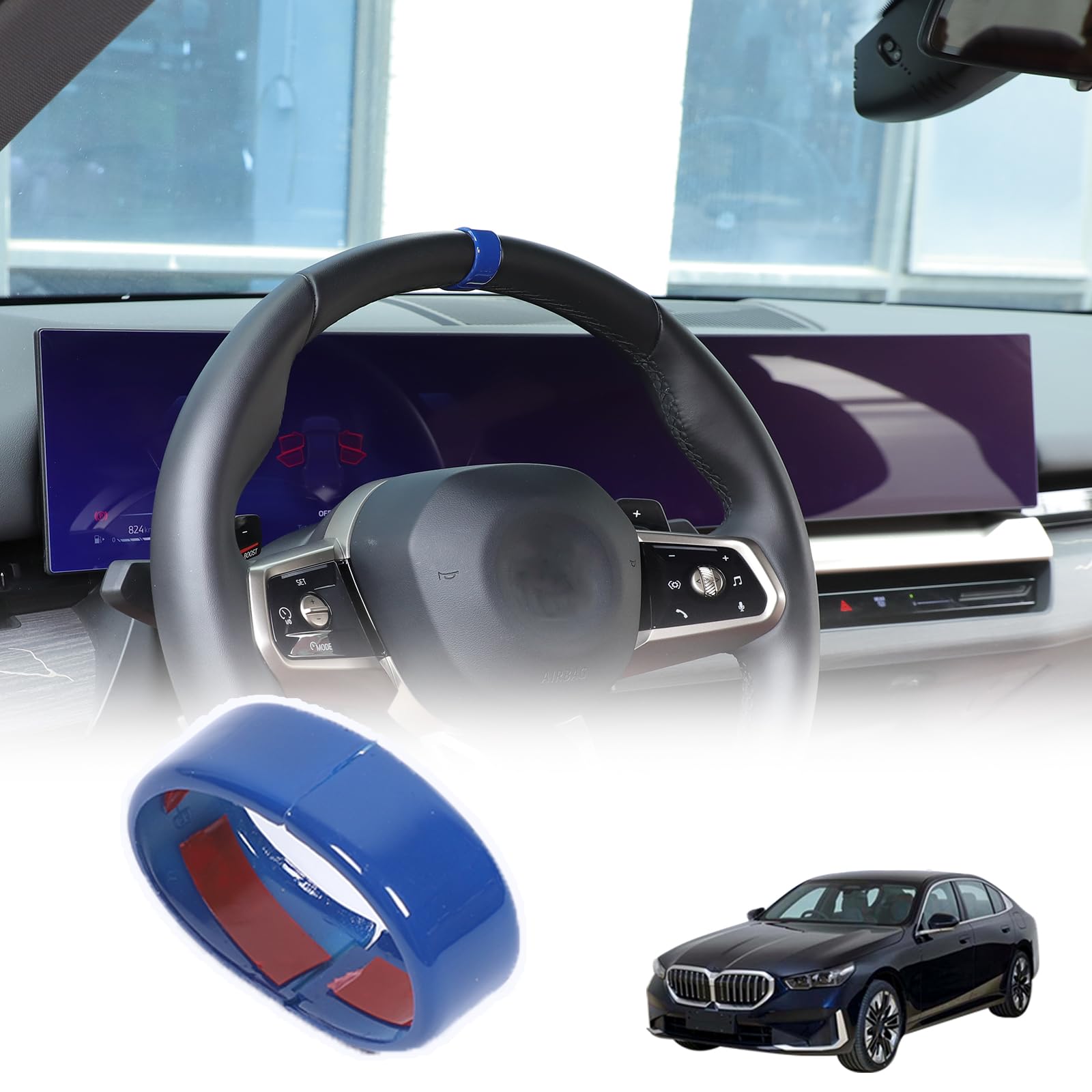 Steering Wheel Circle Ring Cover Compatible with BMW 5 Series G60 2024 2025 / BMW X3 G45 2024 2025,ABS Steering Wheel Top Reset Ring Cover Sticker Interior Accessories 2PCS (Blue)