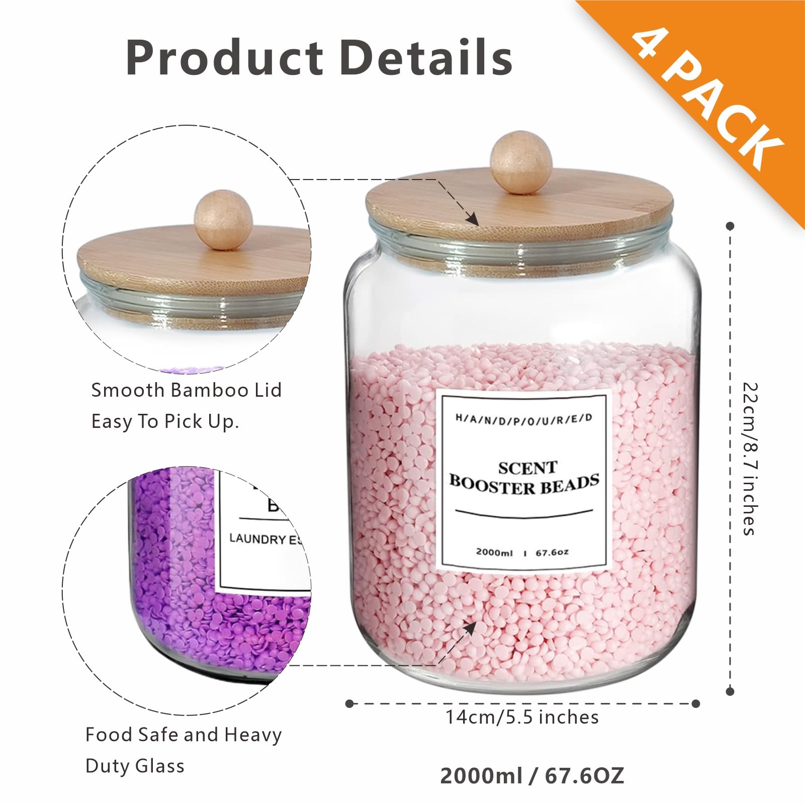 TAAMOG 4 Pack Glass Jars For Laundry Room Organization And Storage, Glass Containers with Lids, Include 18 Pre-Printed Labels, Bamboo Lids, Half Gallon, 2 Measuring Cup, 2 Spoon, Airtight Seal