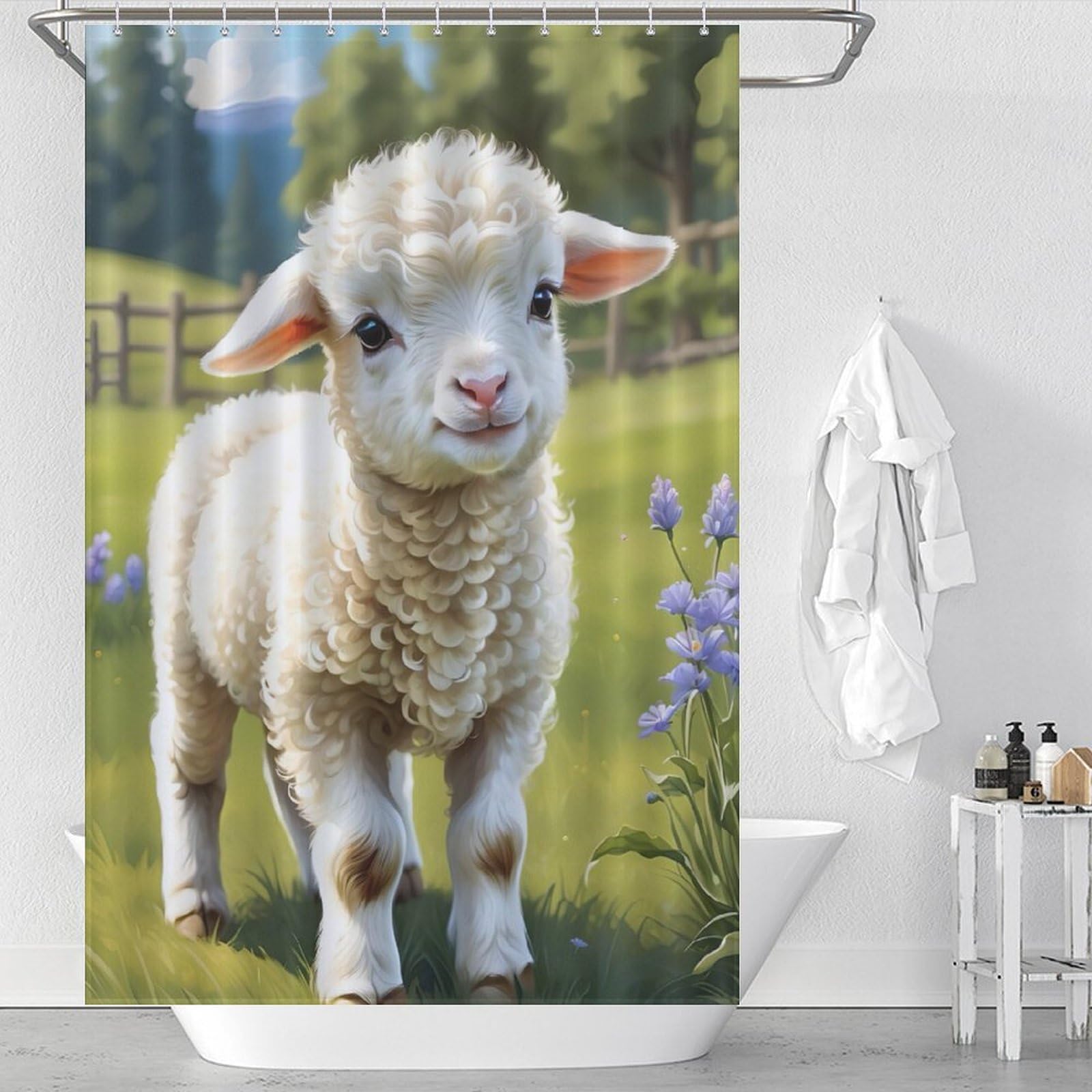 Rideau de douche tissu imperméable anti-éclaboussures lavable motif mouton pour baignoire