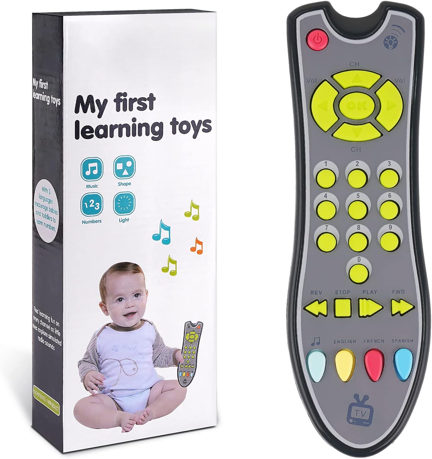 DUDU TV Remote Control Toy/Musical Play with Light and Sound/for 6 Months+ Toddlers Boys or Girls Preschool Education/Three Language Modes: English, French and Spanish/Black Body,Colored Buttons