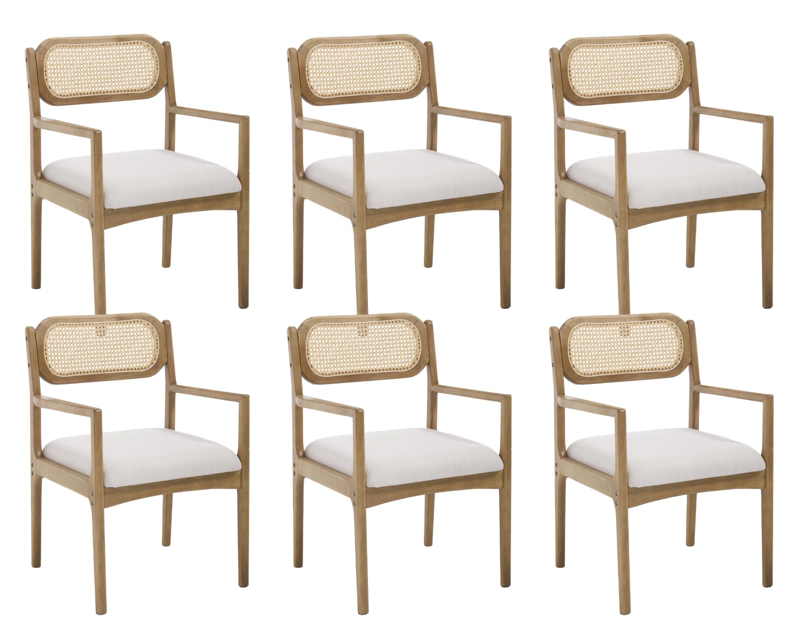 Shunzhi Rattan Upholstered Dining Chairs with Arms - Mid Century Modern Set of 6, Cane Back, Farmhouse Linen Fabric, Boho Wooden Side Chairs for