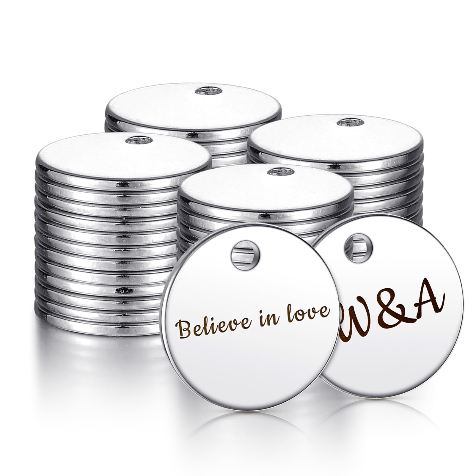 HOUSWEETY 50PCS Bulk Engraved Stainless Steel Round Charms Pendant Custom Stamping Blanks Tags Mini Discs for Bracelet Earring Necklace Chain Charms Jewelry Making 10mm