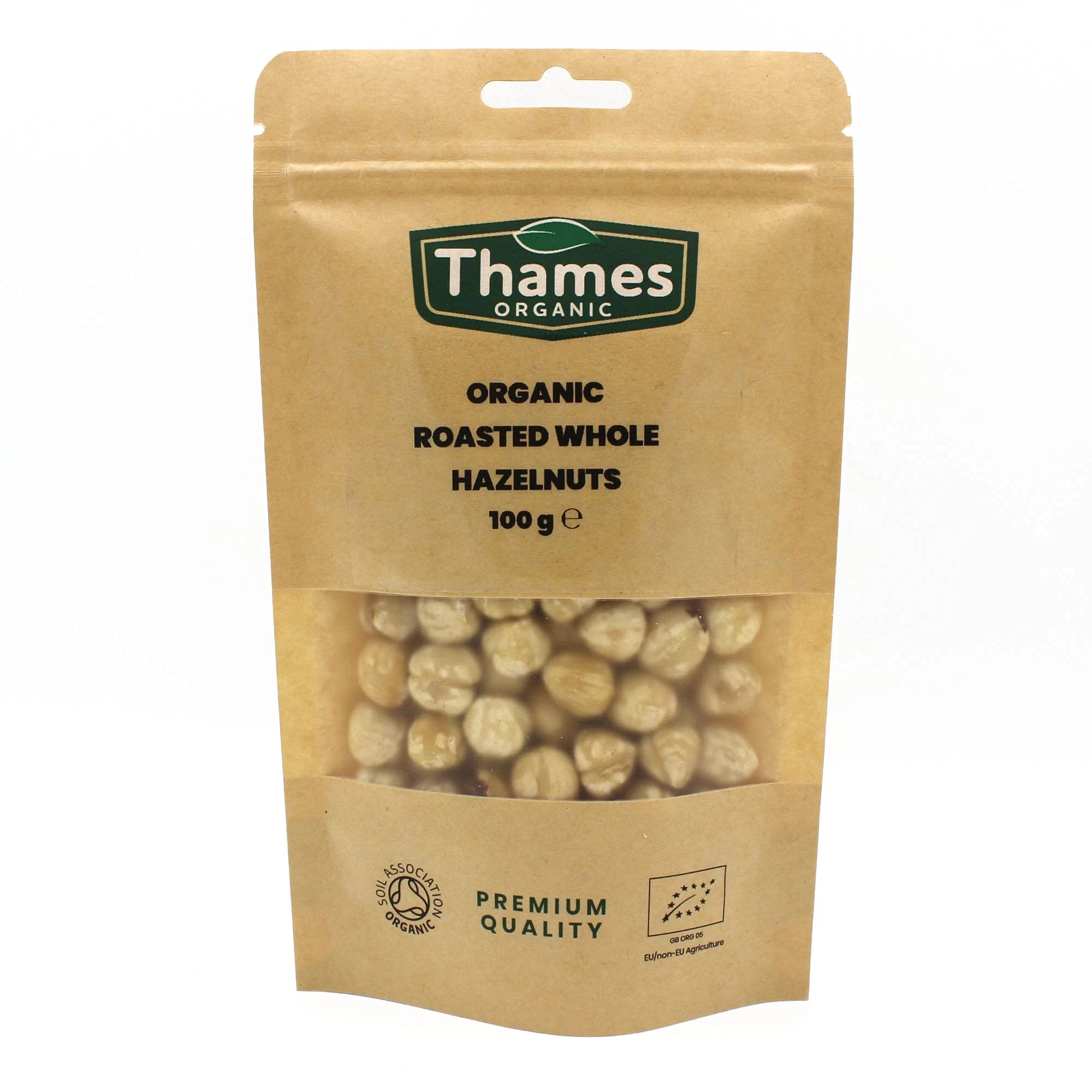 Organic Roasted Hazelnuts - Whole Hazelnuts, No Additives or Preservatives - Vegan, GMO-Free, Certified Organic - Delicious and Nutritious Snack - Thames Organic 100g