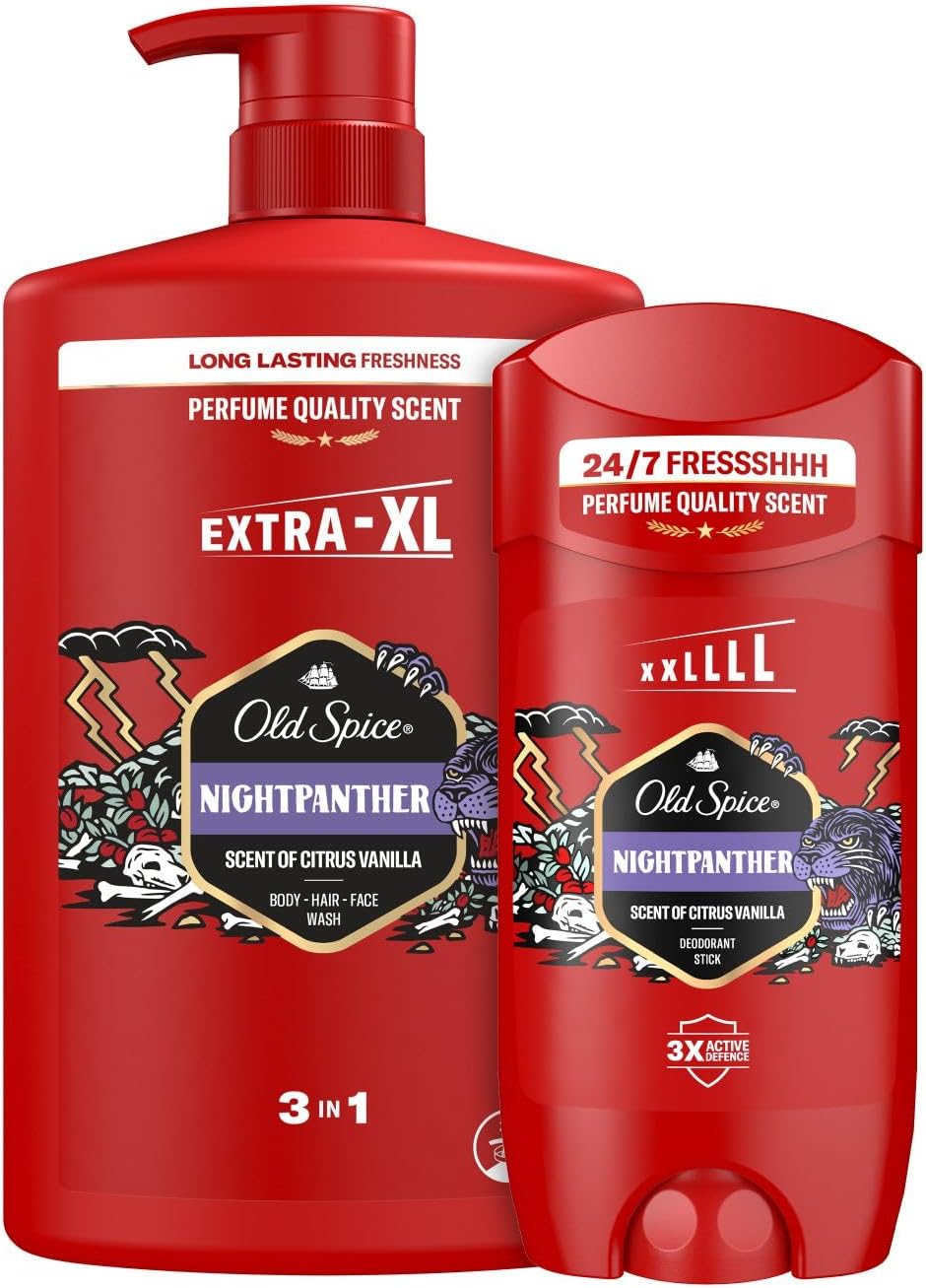 Old Spice Mens Shower Gel and Deodorant Stick Nightpanther Bundle, Value Pack, Body Wash for Men 1000ml and Aluminium Free Roll On Deodorant 85ml