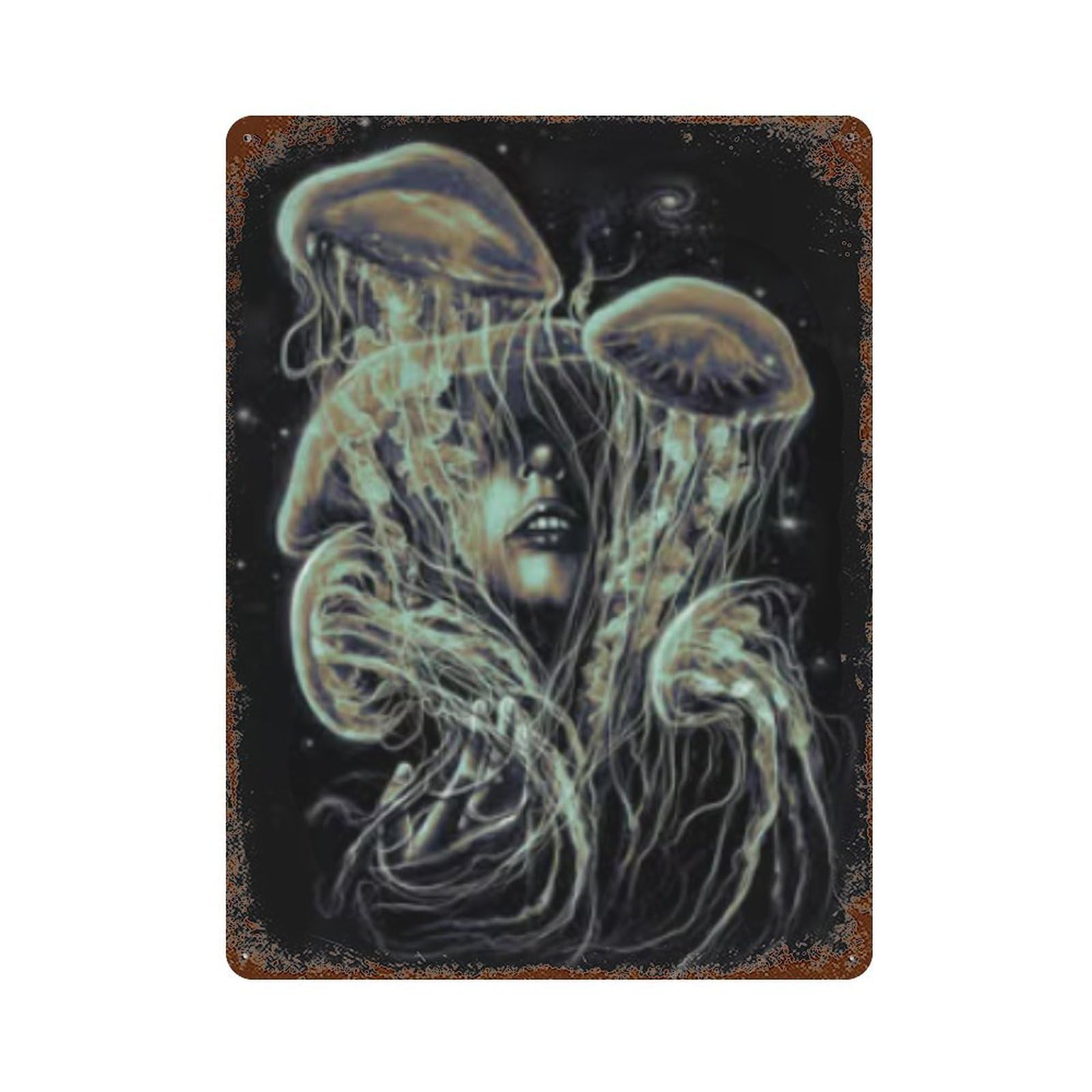 Jellyfish Art Print 15.7"x11.8" Rust Effect Tin Sign, Vintage Wall Decor for Farmhouse, Kitchen And Entryway Decor