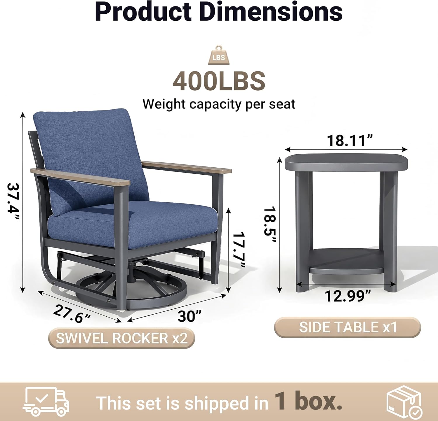 Aluminum Swivel Rocking Chairs, 3-Piece Outdoor Patio Furniture Set with Side Table, Rust-Proof Metal Gliders with Wood-Like Armrests & 5.1" Thick Cushions for Backyard, Porch, Navy Blue