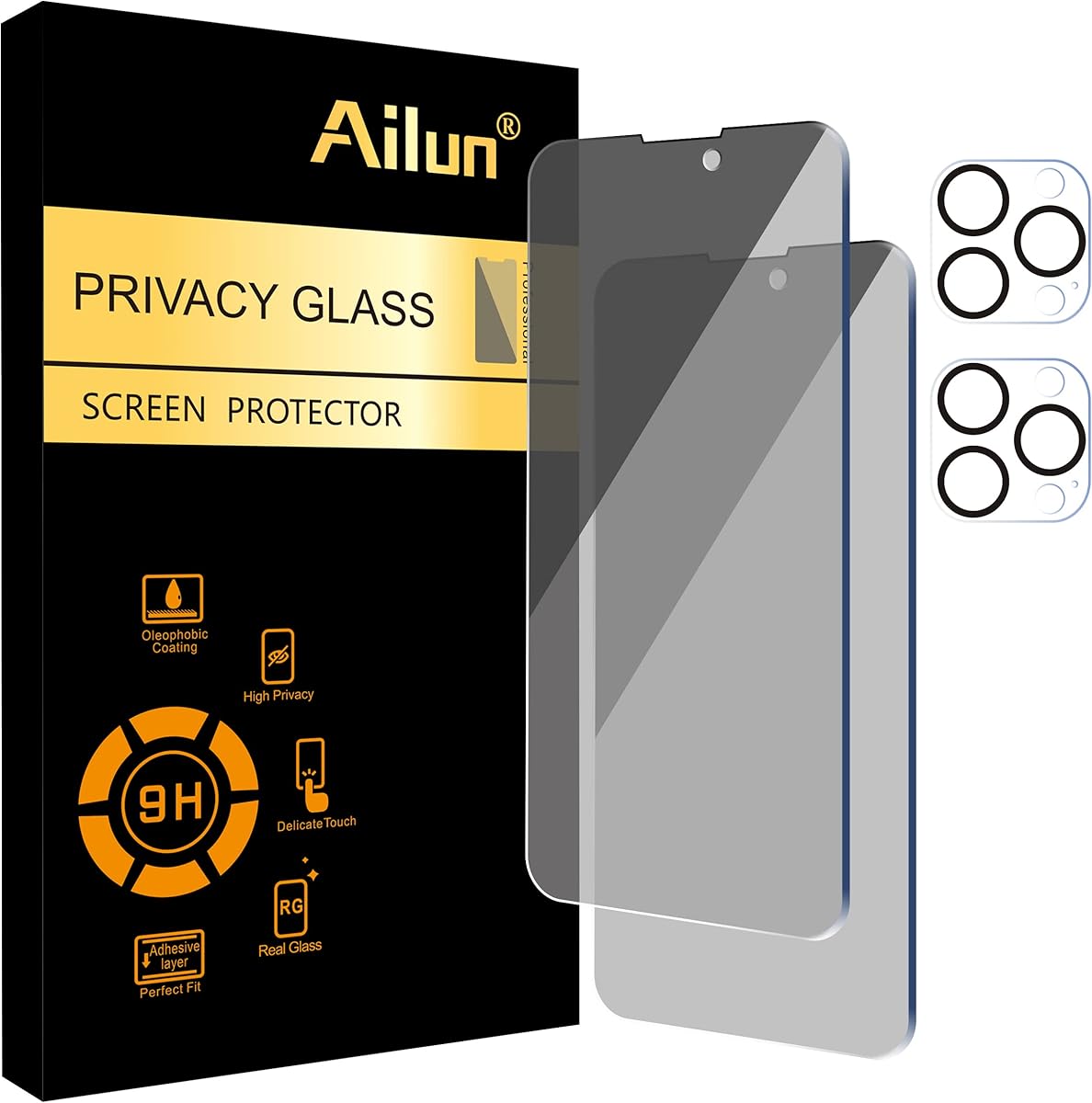 Ailun 2Pack Privacy Screen Protector Compatible for iPhone 14 Pro Max [6.7 inch] + 2 Pack Camera Lens Protector, Anti Spy Private Tempered Glass Film, Case Friendly, [9H Hardness] - HD