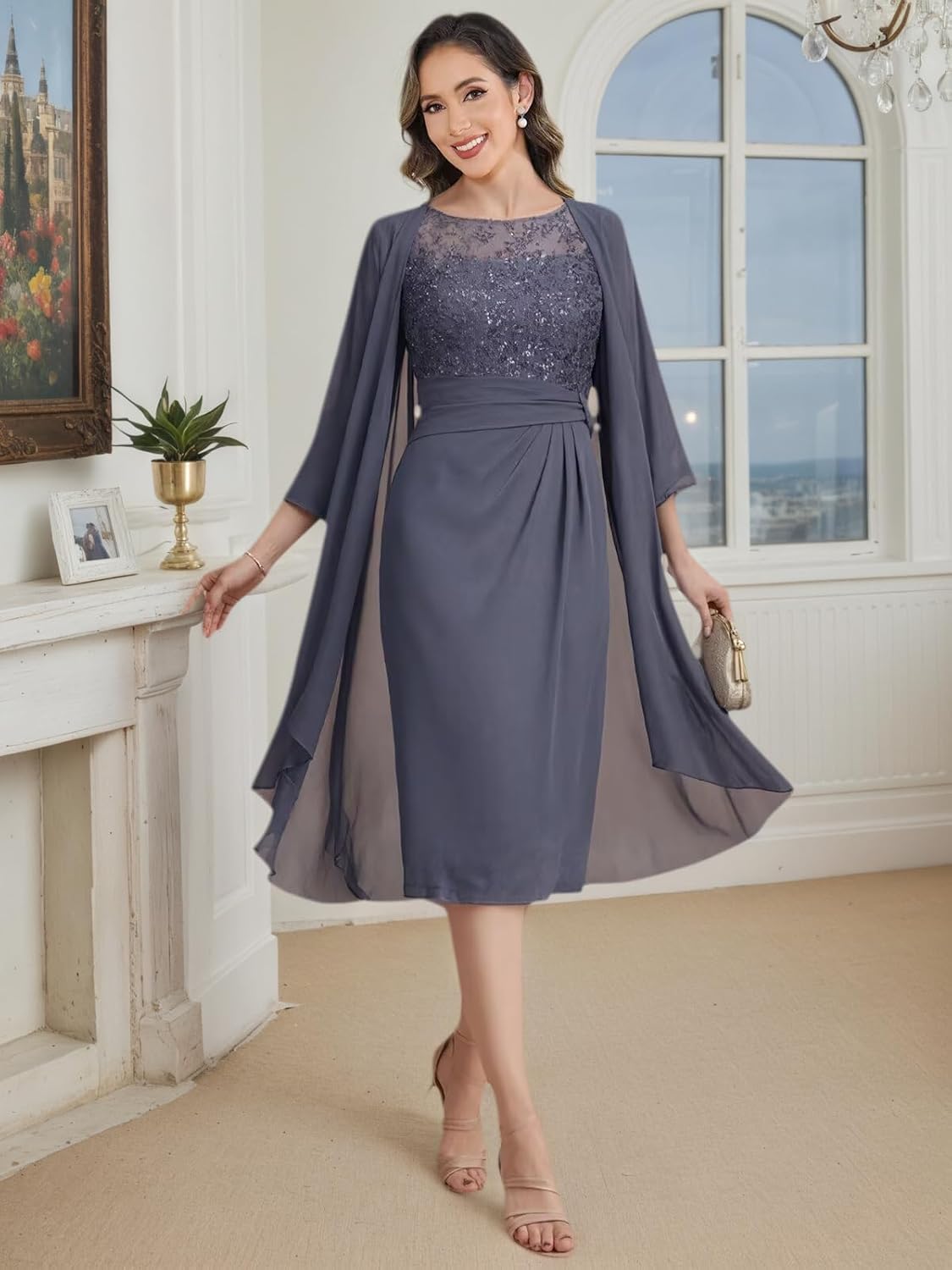 2 Pieces Mother of The Bride Dresses for Women Lace Applique Chiffon Knee Length Formal Evening Party Gowns with Jacket