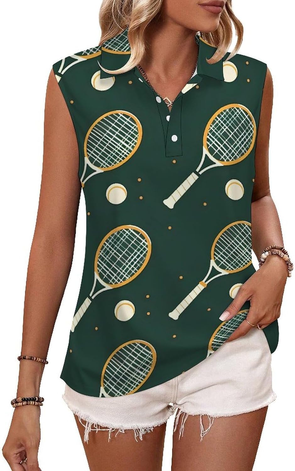 Tennis Racket and Ball Women Sleeveless Collared Golf Polo Shirt | V Neck Tank Top,Breathable Tennis Shirts