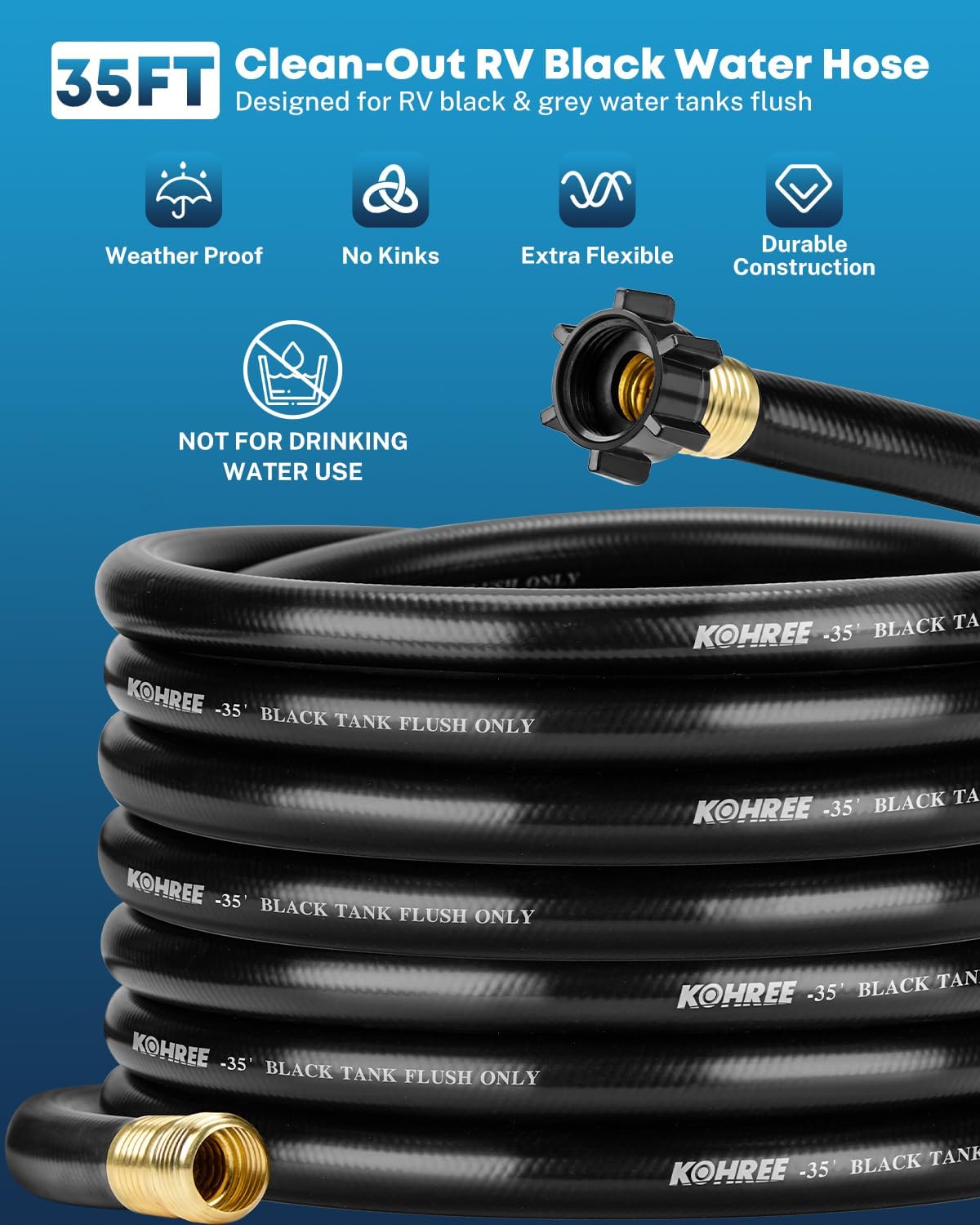 Kohree 35Ft RV Black Water Hose for RV Camper, 5/8" Premium Camper Sewer Hose with No Kink Design, Clean-Out Grey Water Tanks & More, Black Tank Flush Kit with Storage Bag