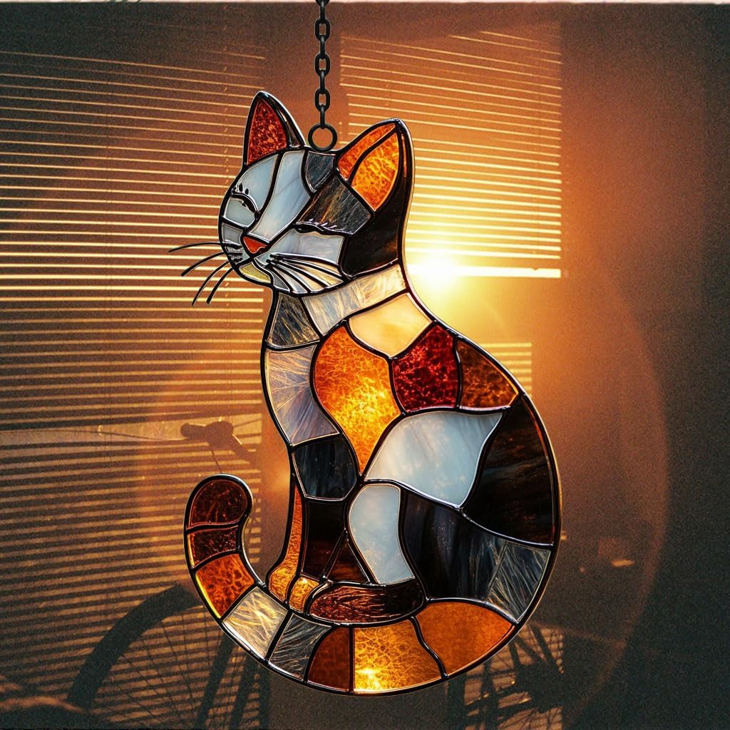 Vibrant Mosaic Calico Cat Art Acrylic Suncatcher Stained Glass Effect Window Car Hanging Christmas Ornament Indoor Outdoor Decor Garden Sun Catcher Panel Gifts for Cat Lover for Women Mom Grandma