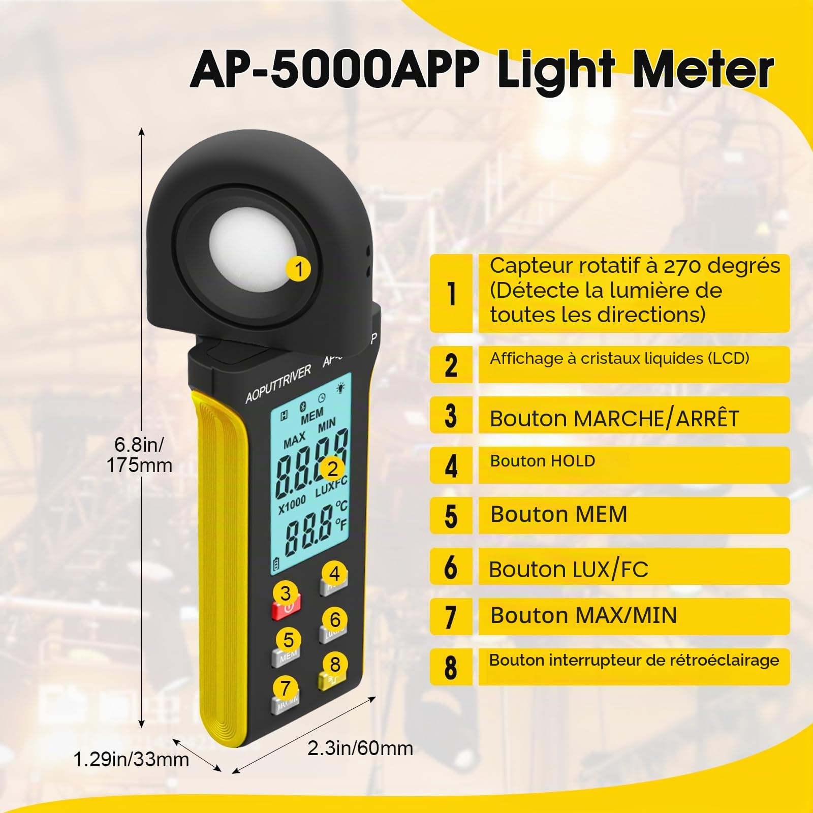 Luxmètre Numérique, Lumen Meter Mesureur de Lumière 0.1~400,000 Lux Foot Candles avec Capteur Rotatif 270º, APP Opération en Un clic, Mesureur de Lumière pour Plantes Film Photographie Lumières LED