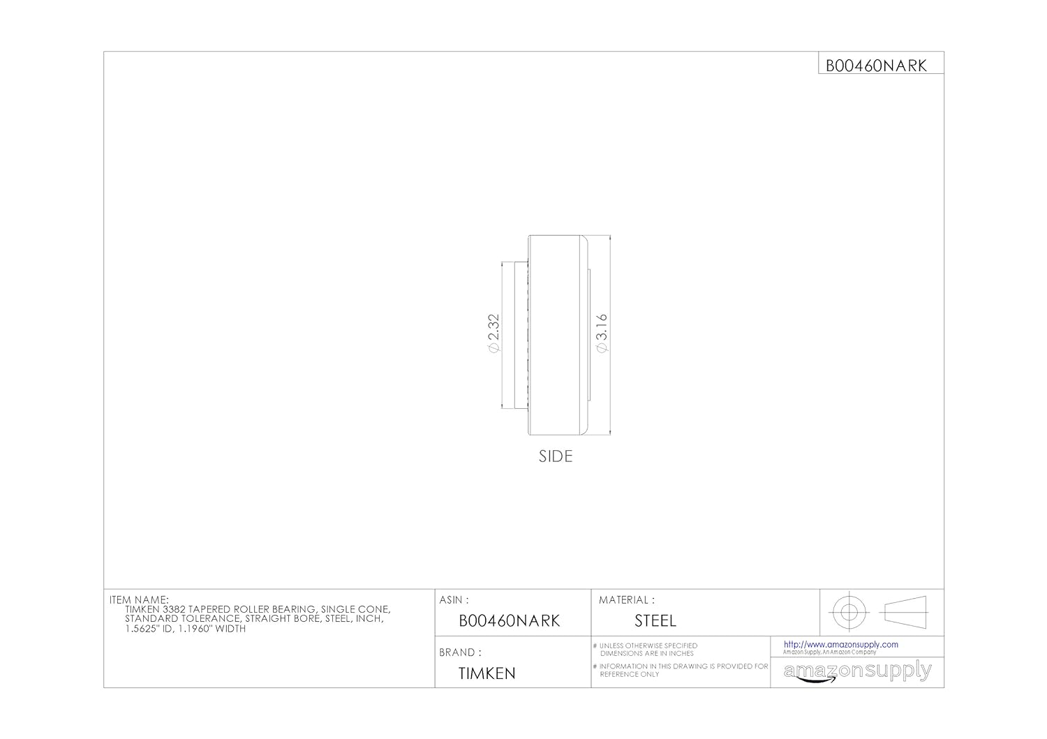 Timken 3382 Tapered Roller Bearing, Single Cone, Standard Tolerance, Straight Bore, Steel, Inch, 1.5625" ID, 1.1960" Width