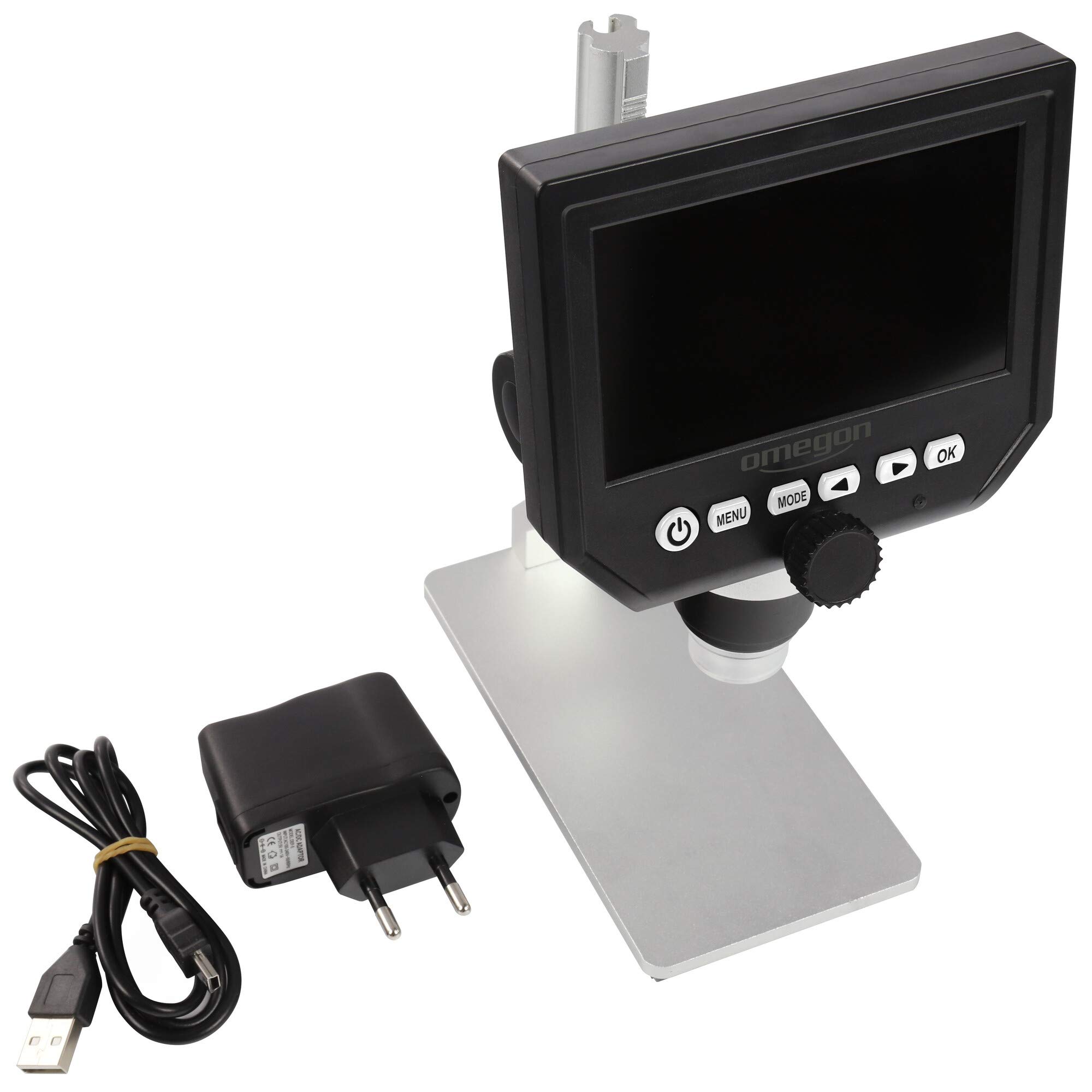 Omegon microscopio digitale DigiStar, zoom 1x-600x, display a colori HD-LCD da 4,3 pollici, LED, slot Micro SD, funzionamento a batteria o rete