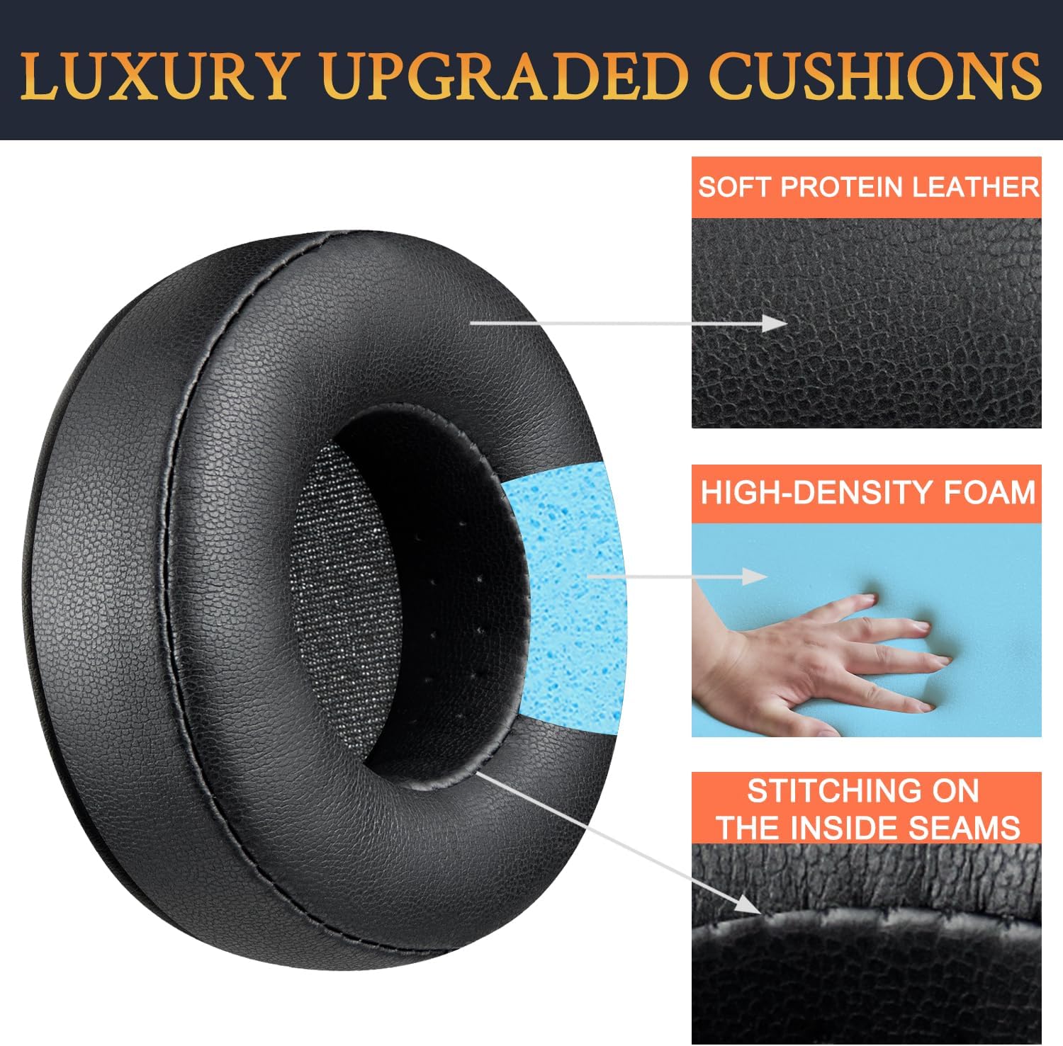 SOULWIT Earpads Replacement for Skullcandy Hesh & Hesh 2 Wireless Over-Ear Headphones, Ear Pads Cushions with Soft Protein Leather, Noise Isolation Foam - Black - Image 3