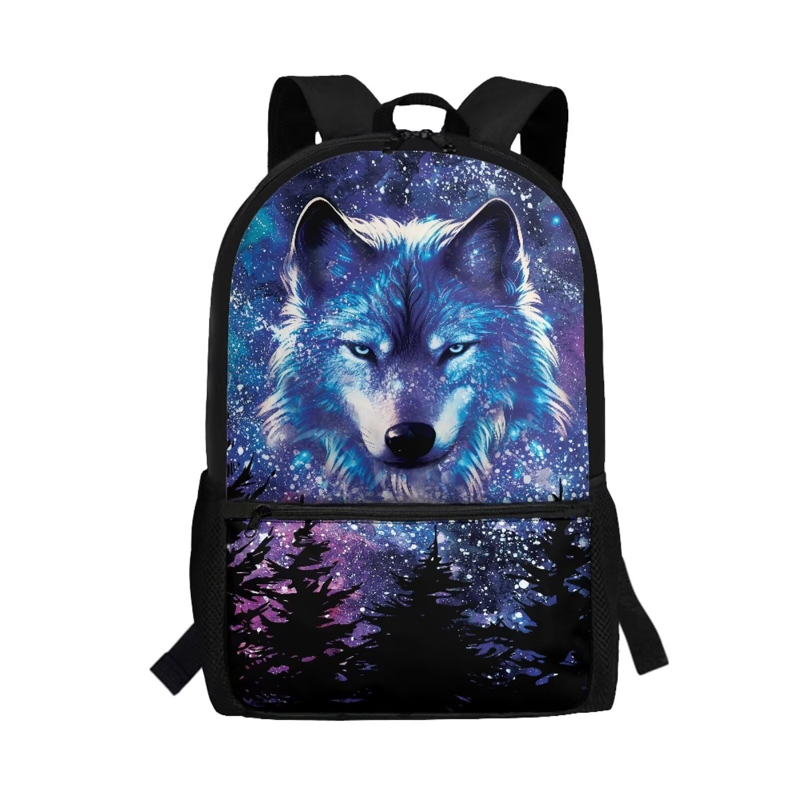Dngkaoje Boys Woodland Wolf Galaxy Wolf School Backpack For Girls 17 Inch Animals Wolf Schoolbag For Kids, Children Back To School Bookbag Large Capacity Travel Rucksack Casual Daypack For Hiking