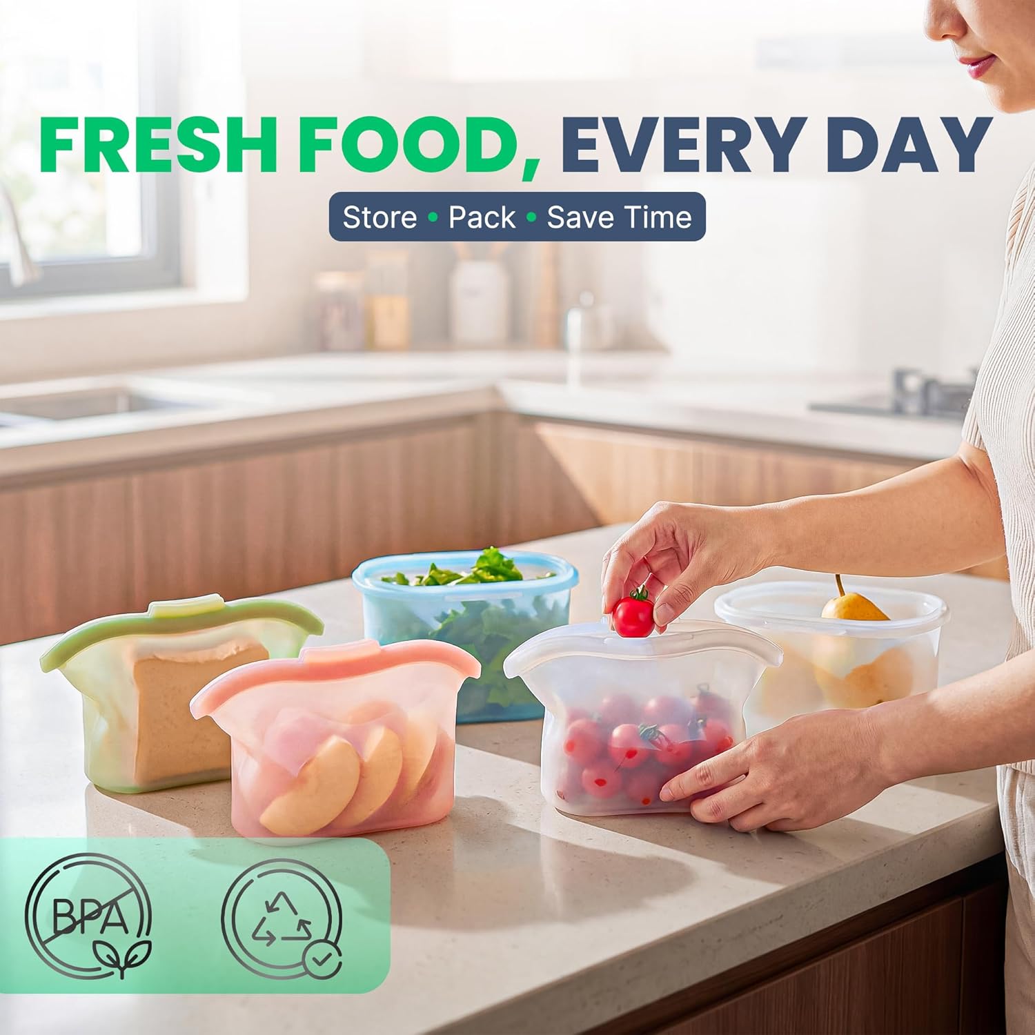 Luviora Extra Thick Reusable Silicone Food Storage Bags, 5 Pack – 4 Cup (1L) Stand Up Leakproof Ziplock, BPA-Free, Dishwasher Safe, Premium Silicone Bags for Meal Prep, Sous Vide & Freezer