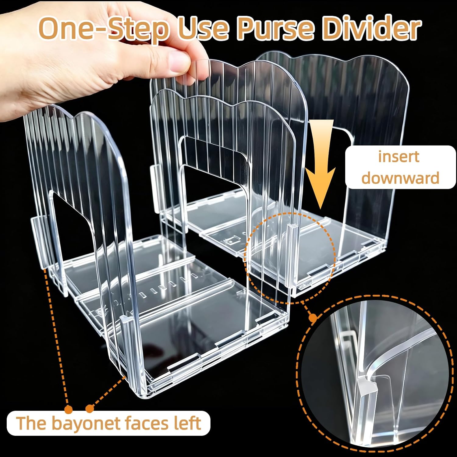 2 Pack Purse Organizer for Closet Clear Acrylic Shelf Dividers for Small Large Bag Pocket Book Clutch, Expandable Handbag Organizer for Display & Storage, 8-Slot Purse Holder Max Length 24''