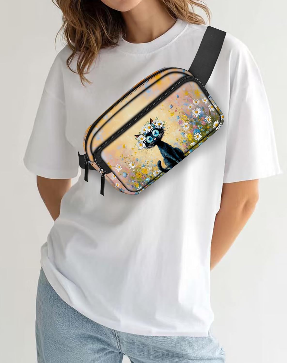 Cat and Daisy Fanny Pack Lightweight Belt Bag Fashion Waist Pouch with Adjustable Strap Crossbody Bags for Women Sports Running Traveling Hiking - Image 3