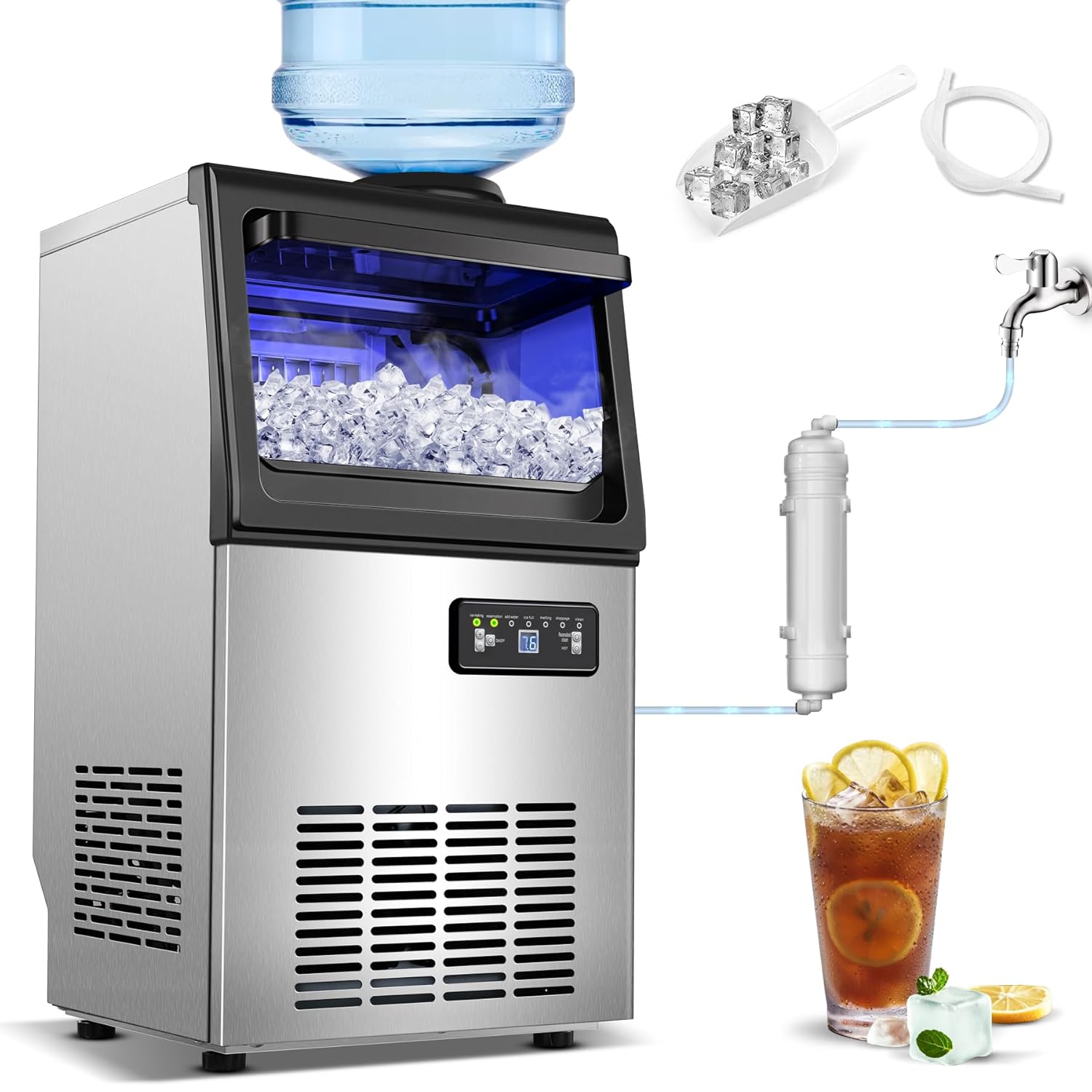 Amzgachfktch Commercial Ice Maker, 110 Lbs/24H Under Counter Ice Maker with 22 Lbs Storage, Auto Self-Cleaning, 2 Water Inlet, Stainless Steel Ice Maker Machine for Home/Bar/Office/Kitchen