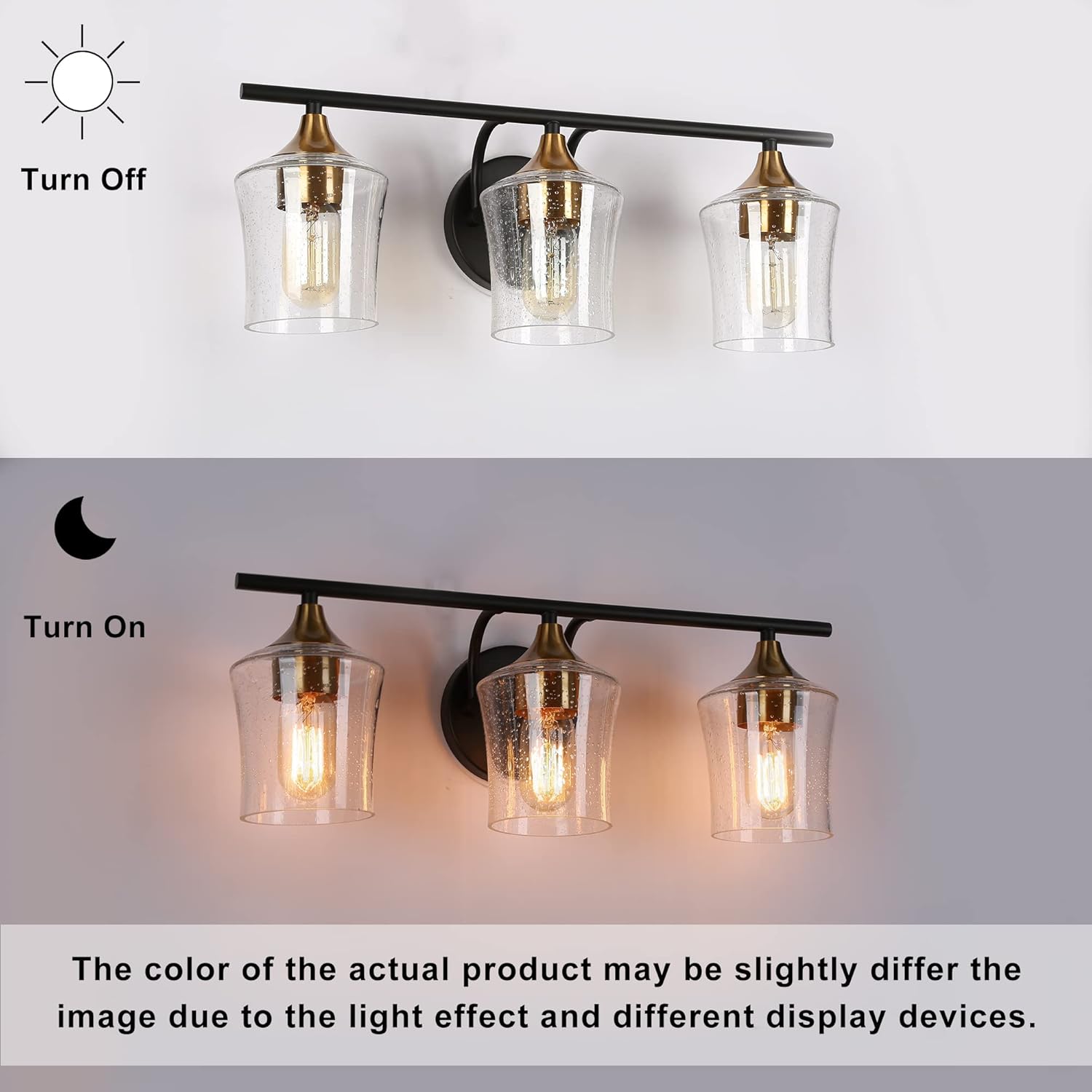 ZEVNI Vanity Light Fixture, 3-Light Bathroom Black and Gold Vanity Light Fixtures with Seeded Glass Shades, 20.5” X 7.5” X 7”