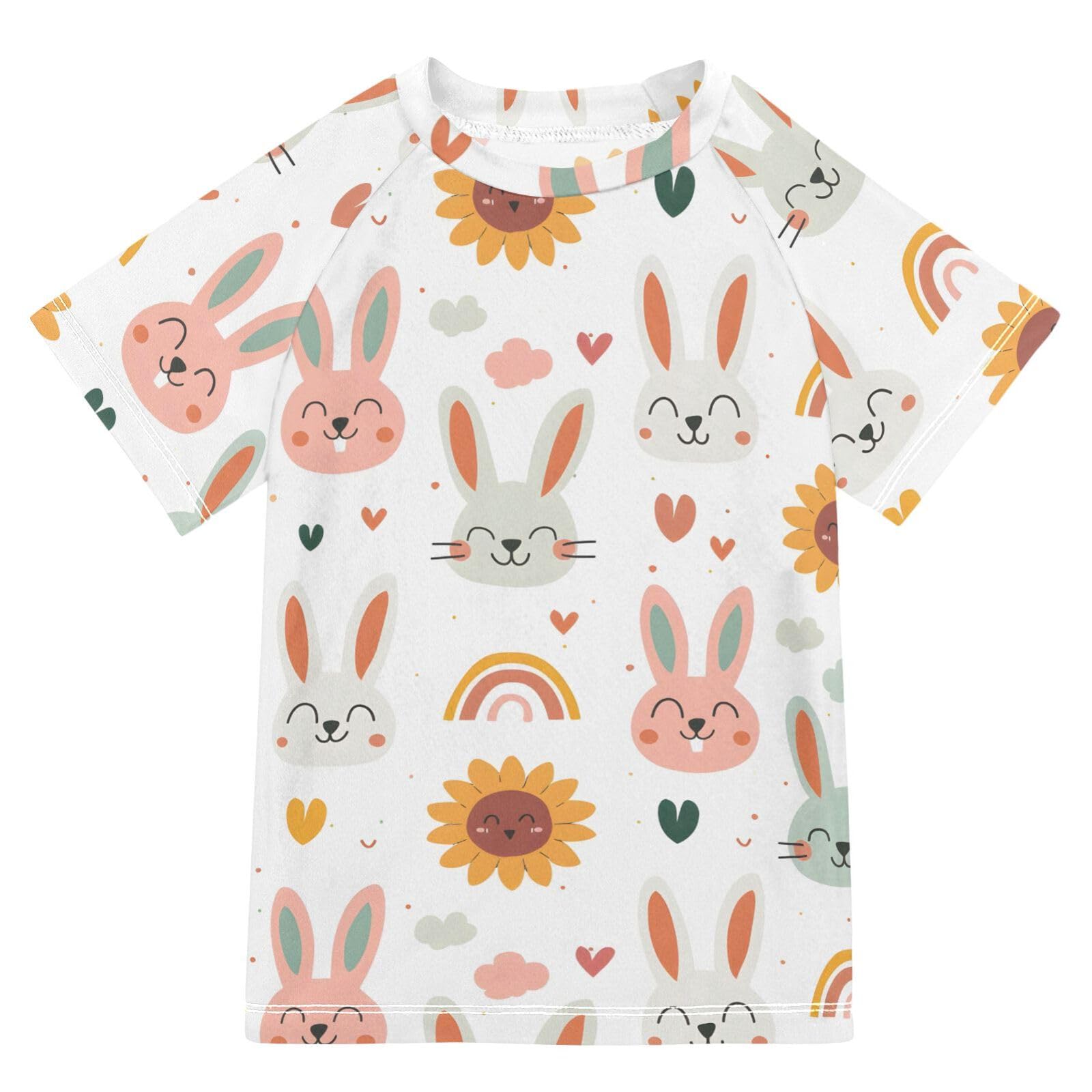 ALAZA Kids Rash Guard Boys Toddler Swim Shirts Short Sleeve Rabbit and Rainbow UPF 50+ 3T