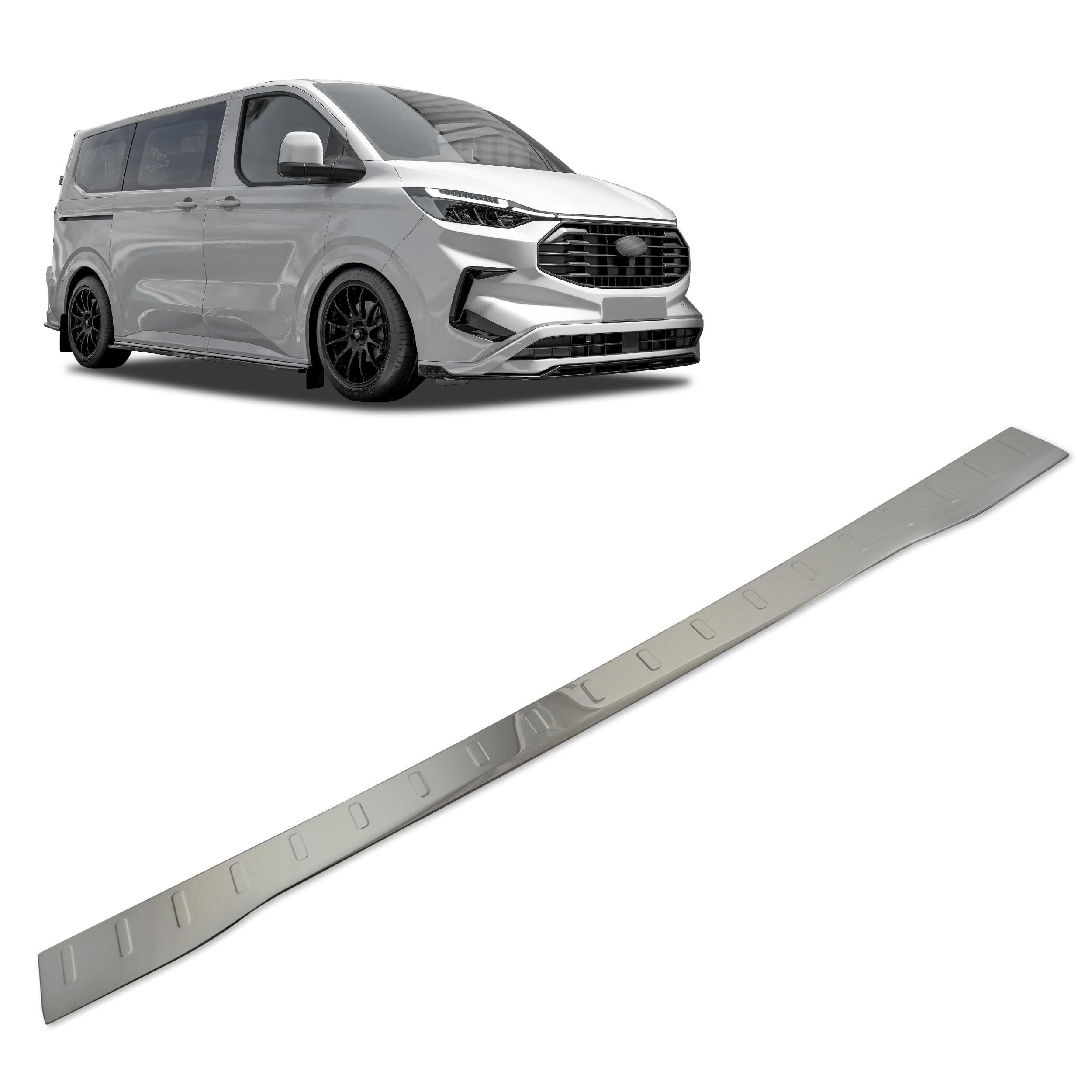 CHROMEMASTER | Protector de Parachoques Trasero Compatible con Ford Tourneo Custom 2023+; Acero Inoxidable, Pulido, Cromo Negro; Tira Protectora Protege la Pintura del Parachoques Trasero de Daños
