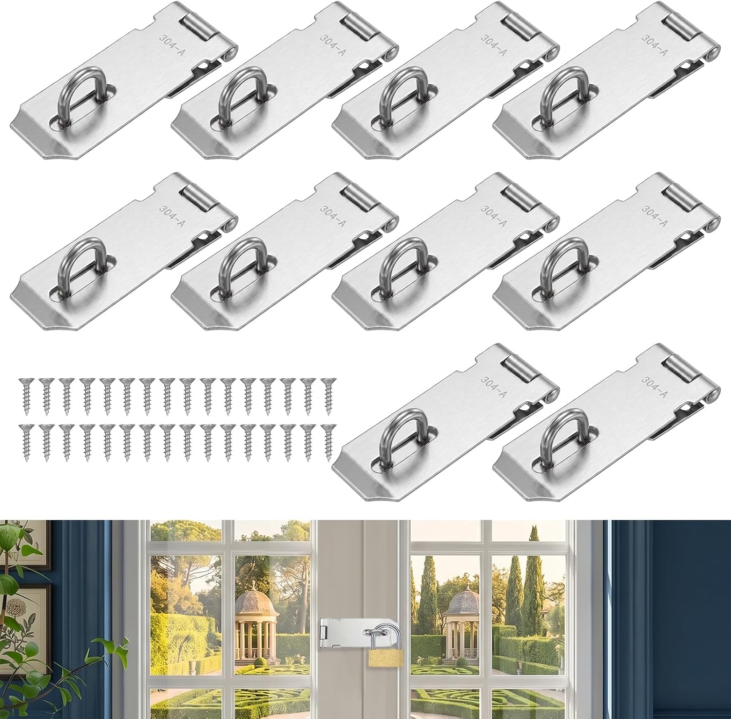 10 Pcs 4 Inch Stainless Steel Hasp Lock and Padlock Latch Heavy Duty Security Hasp with 90 Mounting Screws for Doors, Gates, Cabinets and Storage