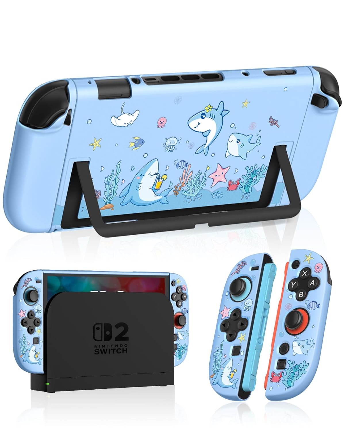 Dockable Case for Nintendo Switch 2 - Cute Cool Cartoon Design Soft TPU Grip Cover for Joy-Con Blue Shark PC for Switch 2 Protective Case 2025 for Boys Teens Girls