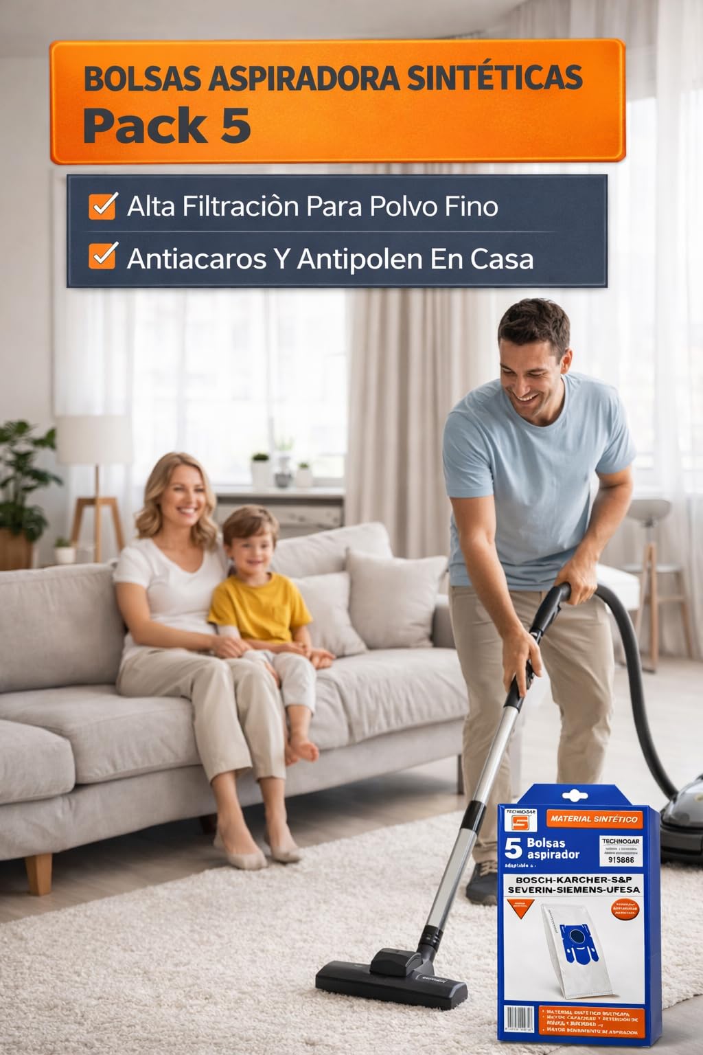 RO Linea Blanca ® Bolsas Aspirador Sinteticas 915686 Pack 5 Filtracion Antiacaros Recambio Compatible Con Bosch Compatible Con Siemens Compatible Con Ufesa BSG41800 BSGL2 Compact11 Hogar Taller Plus